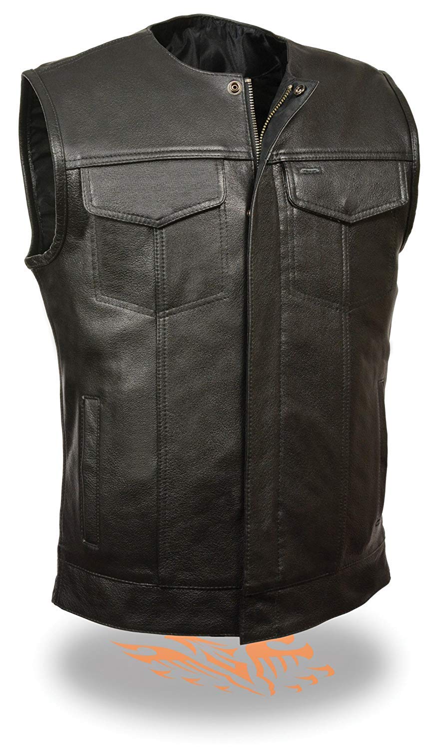 AHINT CO SOA Men's Basic Leather Motorcycle Vest Zipper & Snap Closure w/2 Inside Gun Pockets & Single Panel Back (S) Black