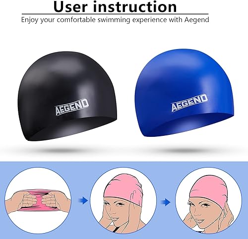 Miniatura 7 de Aegend Paquete de 2 gorras de natación para niños de 4 a 12 años, gorra de natación de silicona duradera para niños y niñas, ajuste cómodo para
