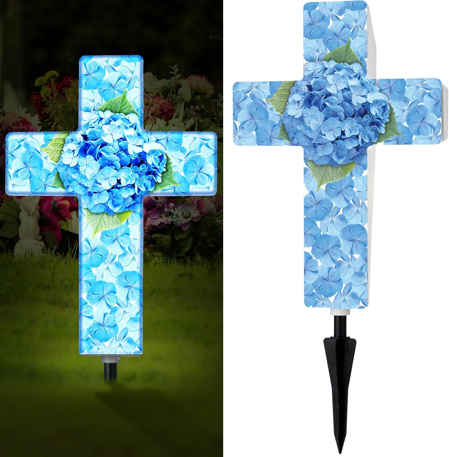 Yousoontic Hydrangea Solar Stake Light for Outdoor Memorial Hydrangea Garden Cross Stake Light for Grave Cemetery Blue Flower Solar Cross Garden Decor for Home Patio Yard Pathway Lawn Decoration