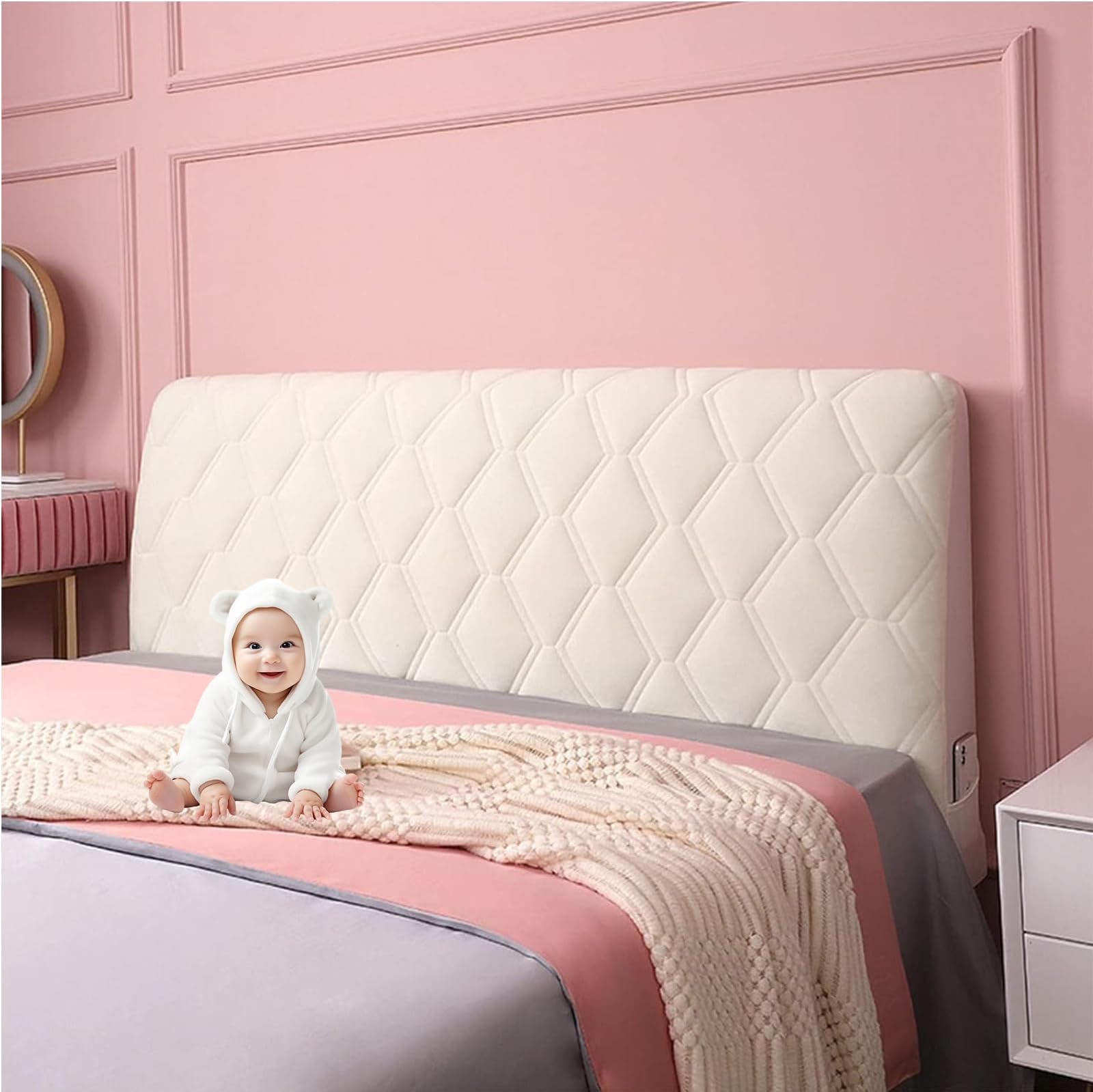 CAMZ Velvet Bed Headboard Cover Twin Full Queen King Size, Quilted Bed Headboard Slipcover Soft Dustproof Headboard Protector Cover for Dormitory Bedroom Decoration (Beige,170cm(67"))