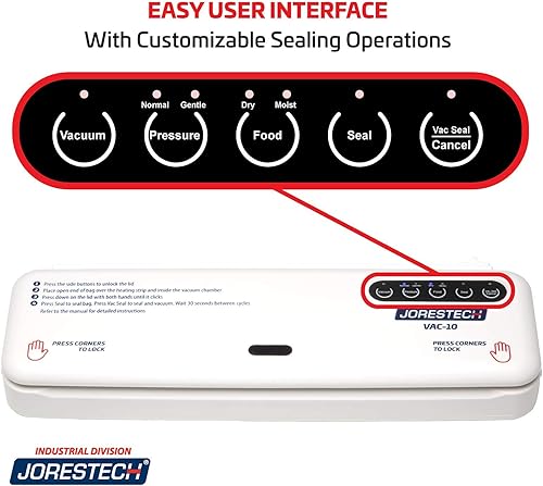 Miniatura 5 de JORESTECH Máquina selladora al vacío de mesa, embalaje automático de alimentos, características secas y húmedas con cortador integrado (E-Vac-10)