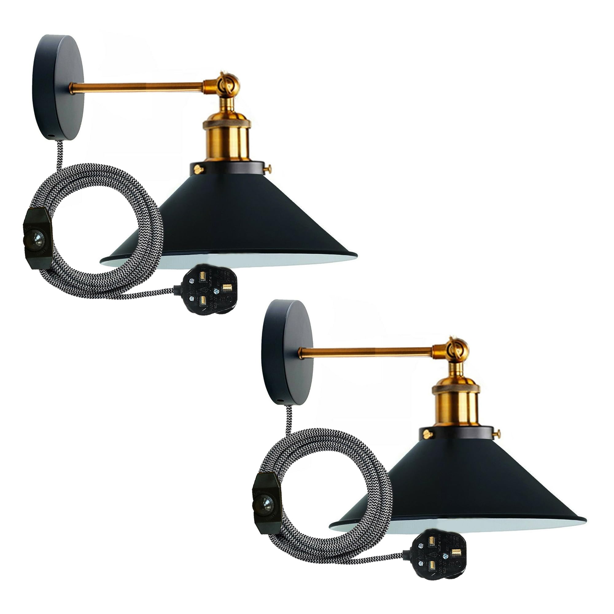 2-Pack Adjustable Black Metal Cone Wall Sconce Light with Dimmer Switch Plug-In, E27 Base for Indoor Home Decor Office