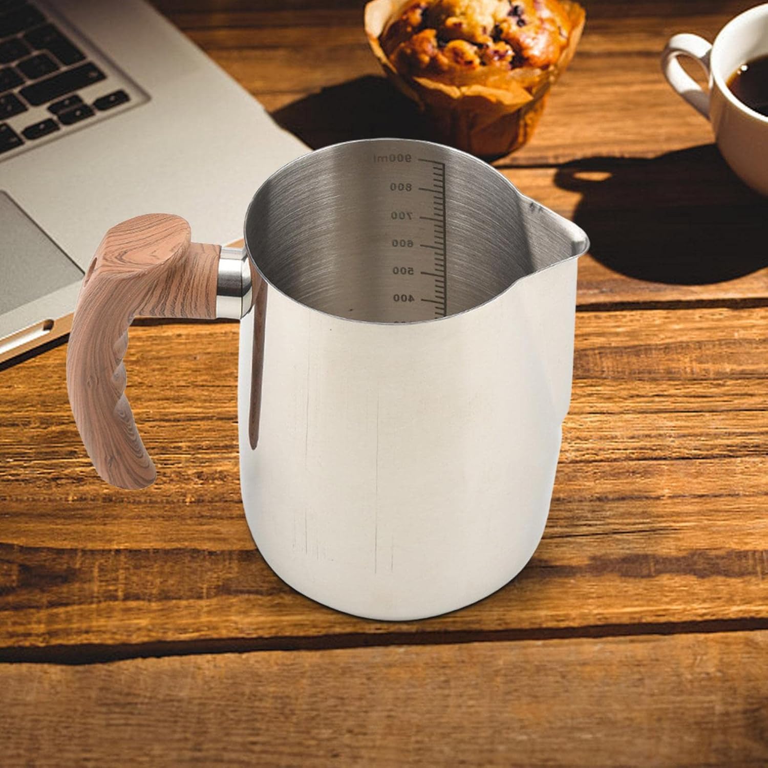 Milk Frother Cup Easy to Clean Wooden Handle Cup Steamer Cups Frother Coffee Cup for, 1000ML