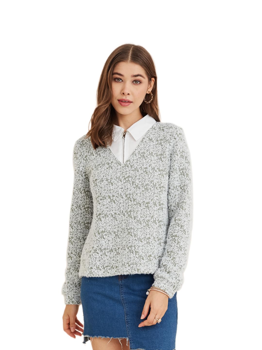latin quarters Women's Green Collar Neck Full Sleeves Self Design Casual Sweatshirt-picture-27