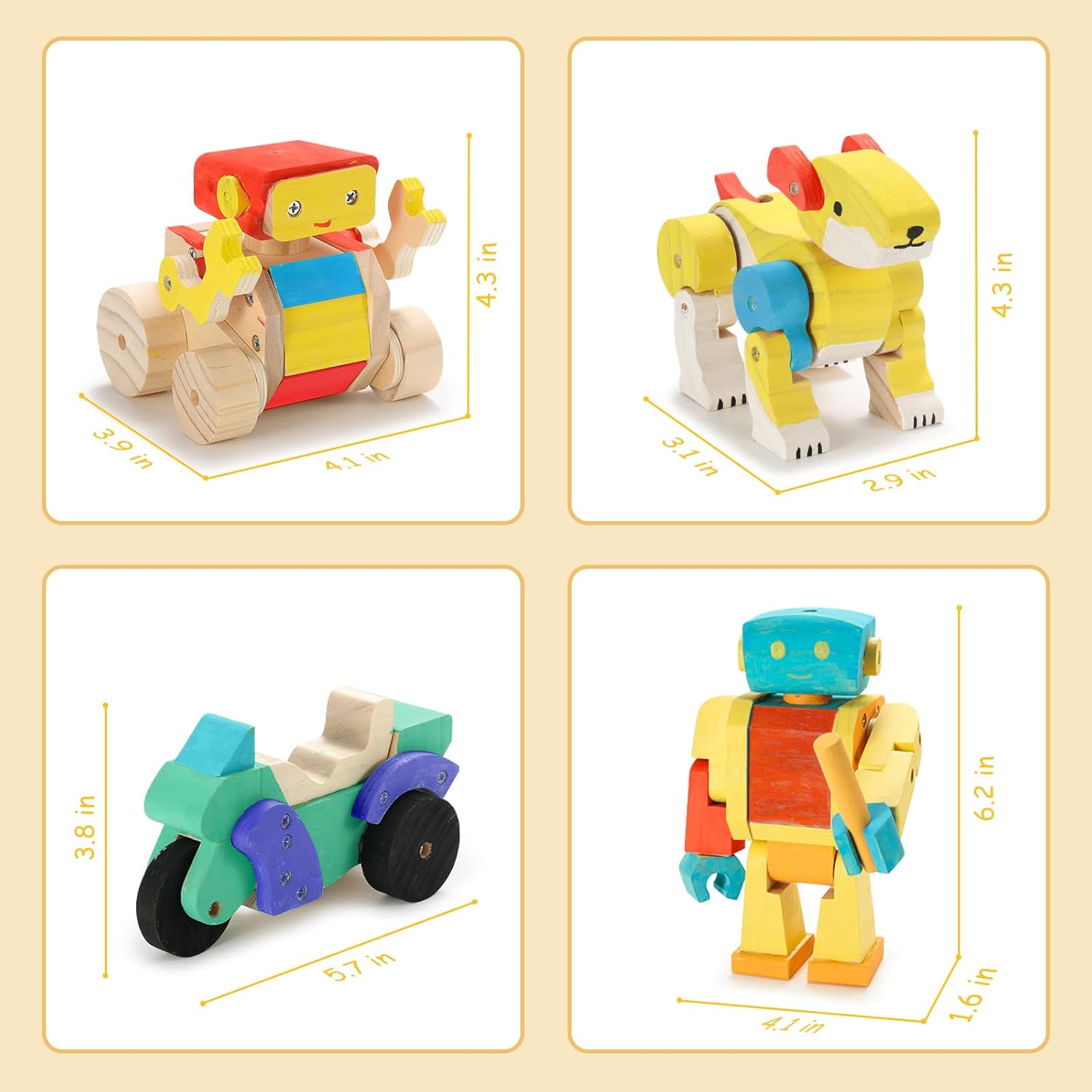 SainSmart Jr. Woodworking Building Kits for Kids, 4-in-1 Wood Building Kits for Kids STEM Projects Set, DIY Arts & Crafts Assembly Toys with Paints & Brushes, Ideal Gift for Boys and Girls