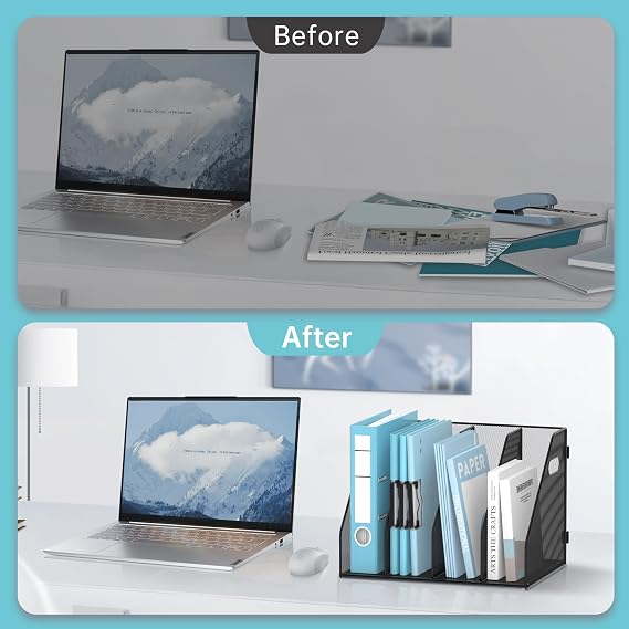 SUPEASY Binder organiser, Magazine File Holder with 4 Vertical Compartments Rack, Metal Desk File organiser & Binder Holders, Magazine organisers for Office Desktop, Home, School (Black)