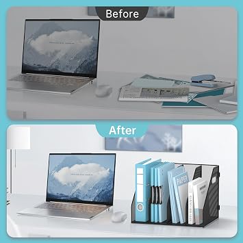 SUPEASY Binder organiser, Magazine File Holder with 4 Vertical Compartments Rack, Metal Desk File organiser & Binder Holders, Magazine organisers for Office Desktop, Home, School (Black)