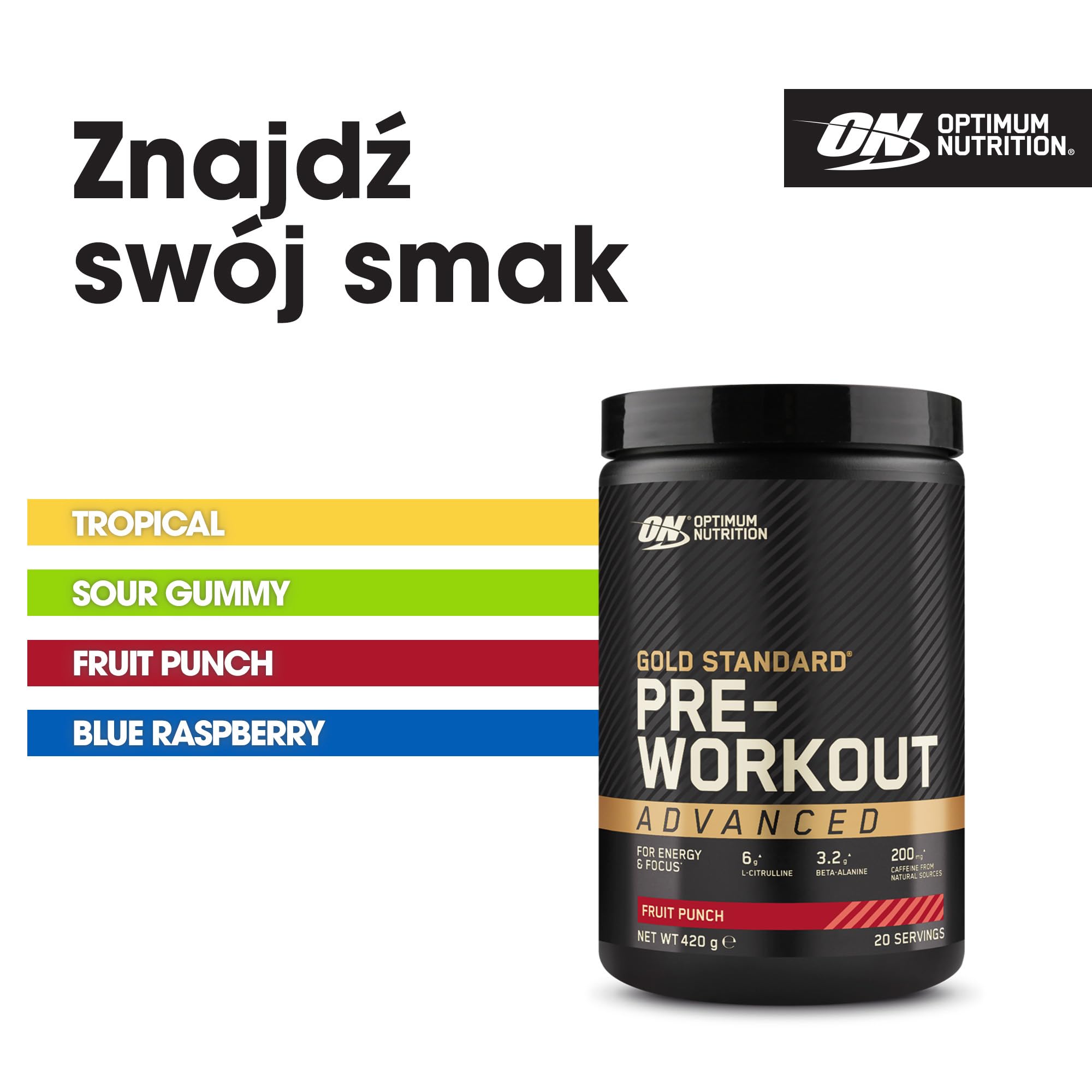 Optimum Nutrition Gold Standard przedtreningowa odżywka energetyczna z monohydratem kreatyny, beta-alaniną, kofeiną i wit. B12 i B6, smak Fruit Punch, 20 porcji, 420 g