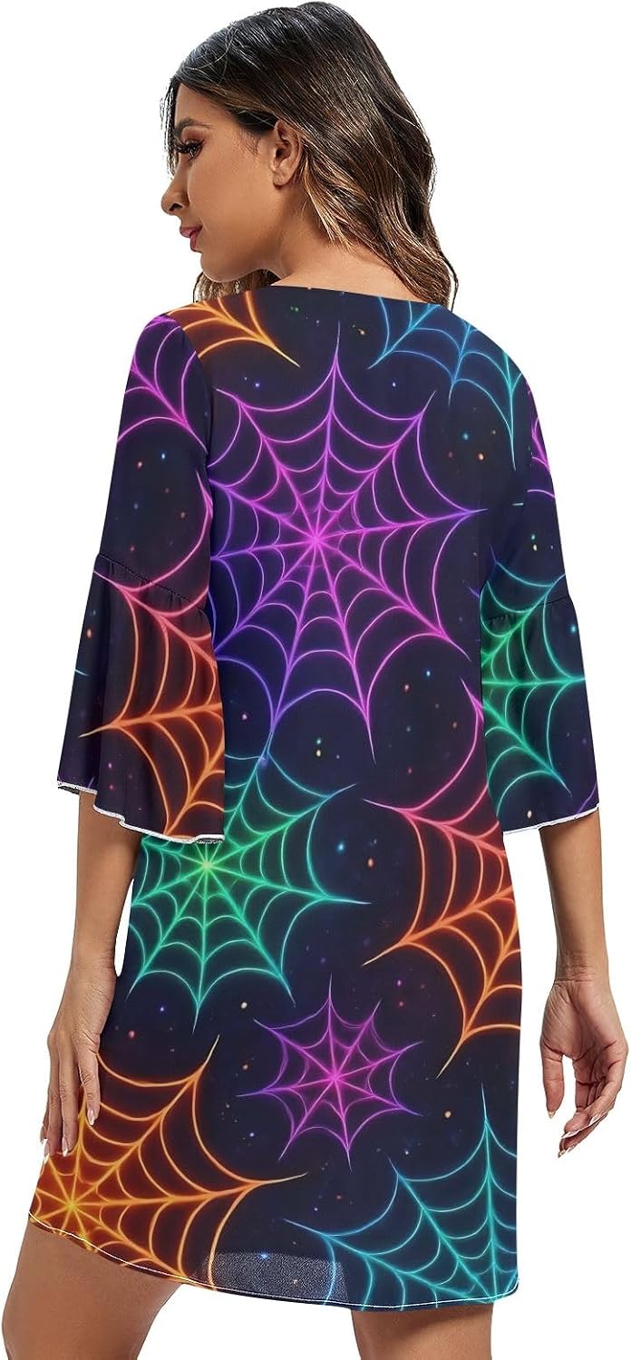 Halloween Neon Spider Webs Casual V Neck Dress 3/4 Sleeve Hawaiian Party Dress S-XXL
