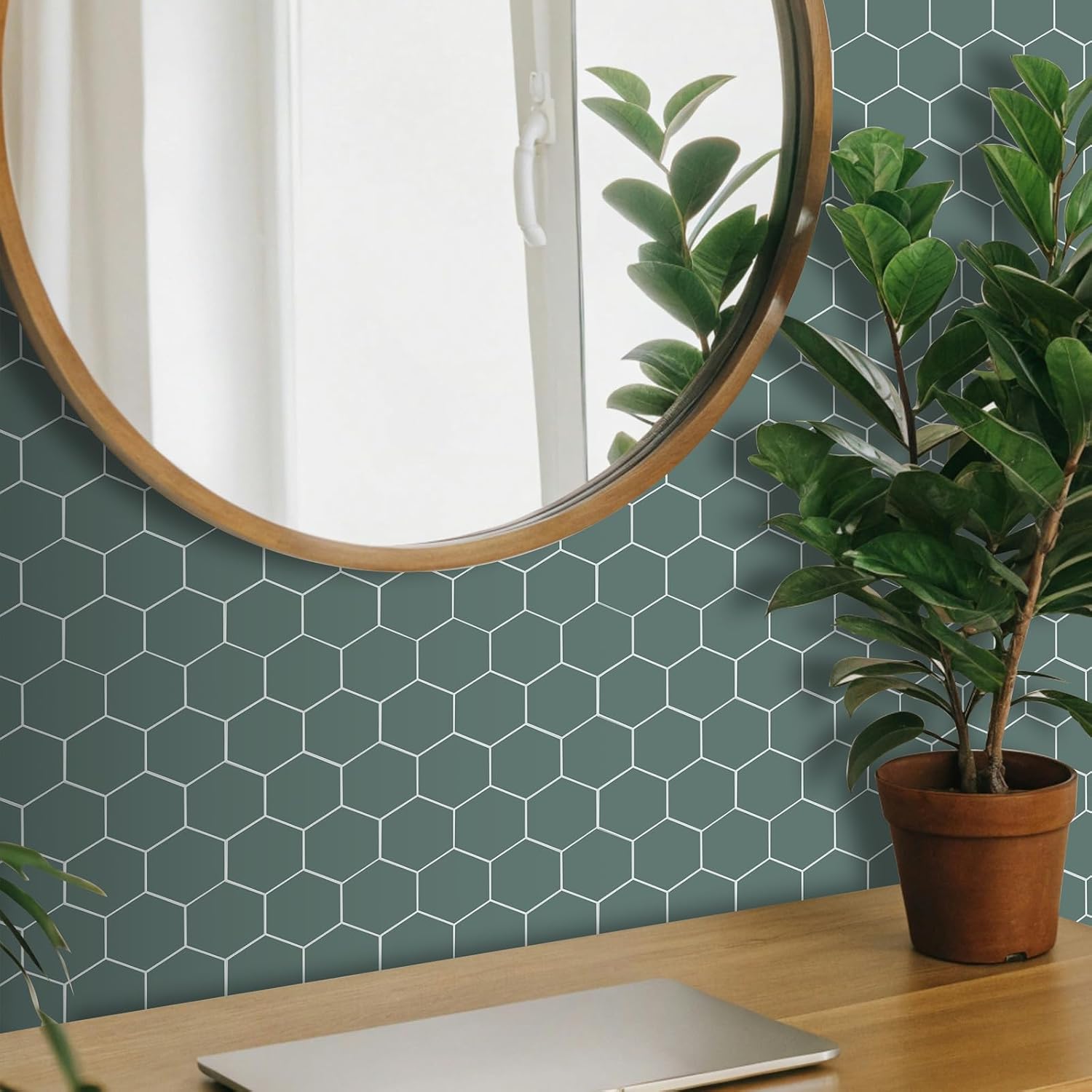 6-Sheet Olive Green Hexagon Peel and Stick Backsplash for Kitchen and Bathroom, Honeycomb Faux Ceramic Matte Self Adhesive Wall Tiles (11.8" x 10.2")