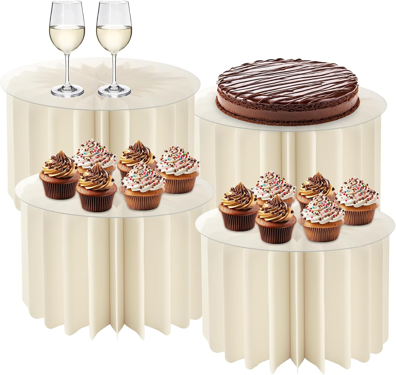 4 Pack Buffet Risers, 8 Inch Height Foldable Cylinder Stands for Party with Acrylic Plates, Food Display Risers for Dessert Table, Cylinder Pedestal Stand for Party Events Décor – 12in Diameter