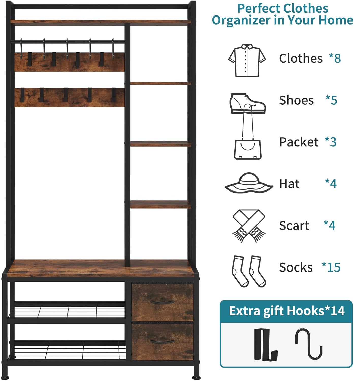 LUMTOK Hall Tree with Bench Storage and Shoes Storage, Hall Tree with Drawers and Shelves for Bedroom, 6-in-1 Entryway Organizer with Shelves, Living Room, Entryway, Closets (Rustic Brown)
