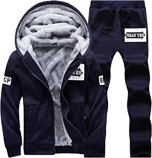 Caxndycing Men's Cotton Lined Jogging Suit Men's Winter Warm Leisure Suit Unisex Sportswear Tracksuit Sports Suit Fitness Suit Wool Lined Winter Warm Sports Suit