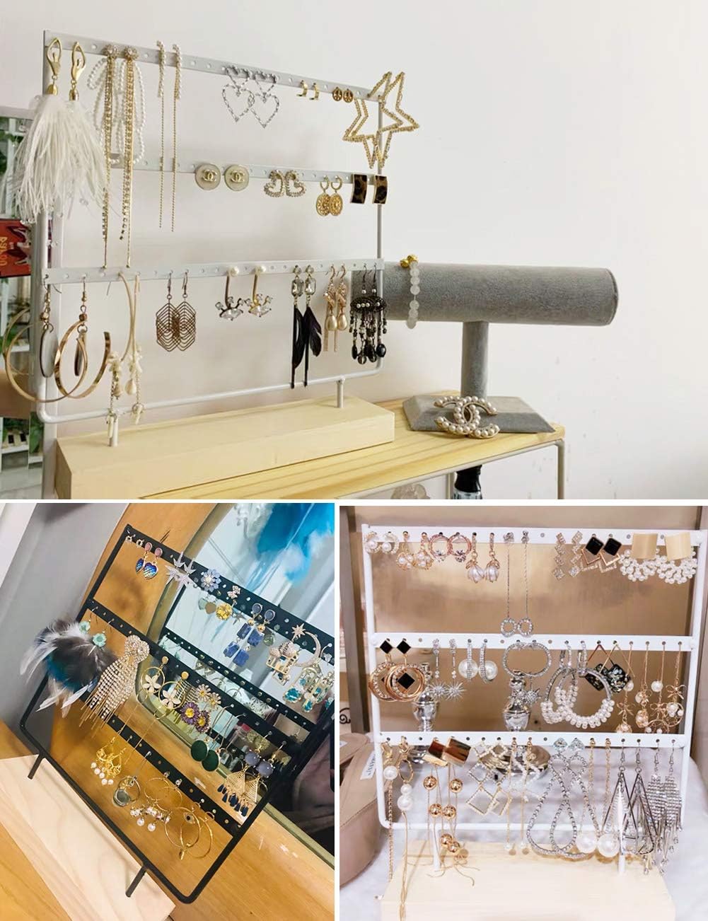 lemonadeus Earring Holder for Hanging Earrings Earring Stand Tree Display Stand Ear Stud Holder Jewelry Tower with Wooden Tray Dish (White（66 Holes 3 Layers）) : Clothing, Shoes & Jewelry