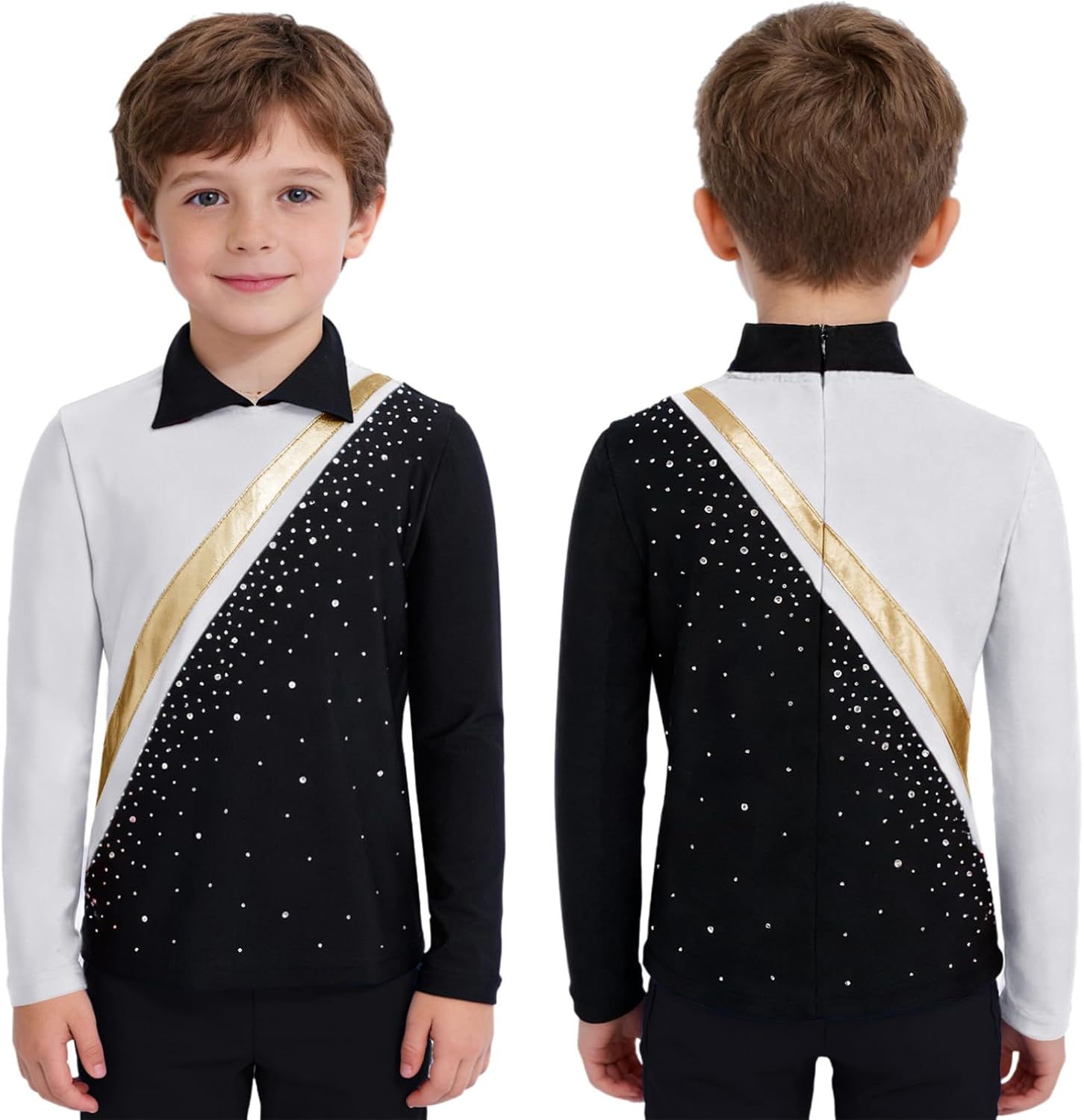 TiaoBug Kids Boys Modern Jazz Dance Tops Sparkle Long Sleeve Figure Skating T-Shirts for Competitions Performance