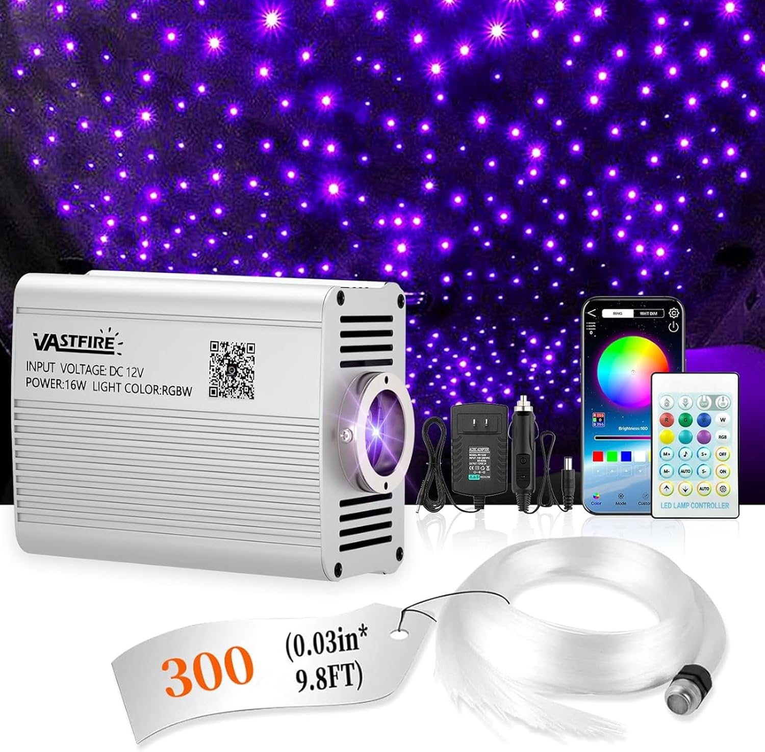 VASTFIRE Starlight Headliner Kit – 300pcs 0.03in 9.8ft Fiber Optic Star Lights for Car with 16W RGBW, Twinkle & Music Sync, APP/Remote Control for Car Roof/Bedroom Ceiling