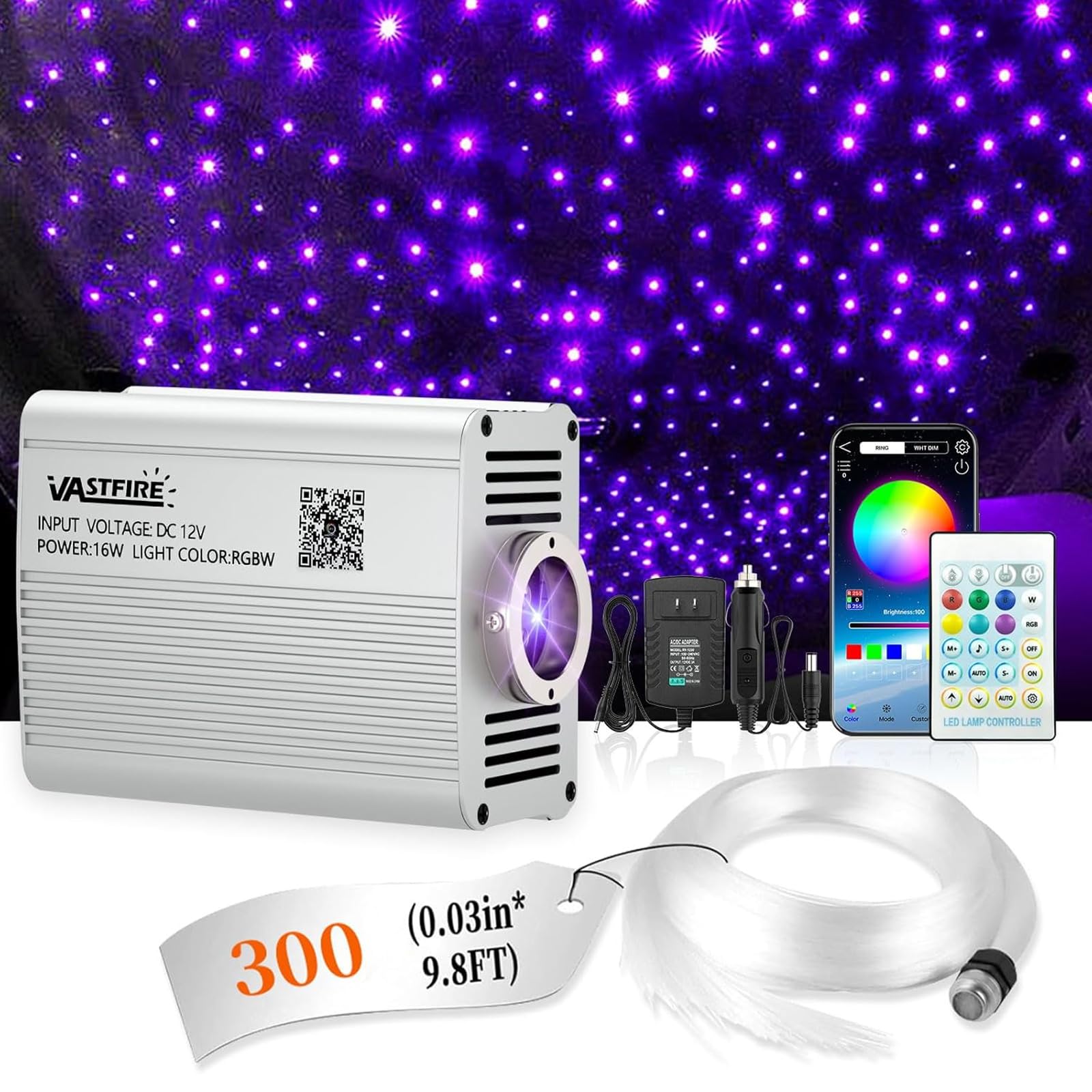 VASTFIRE Starlight Headliner Kit - 300pcs 0.03in 9.8ft Fiber Optic Star Lights for Car with 16W RGBW, Twinkle &amp; Music Sync, APP/Remote Control for Car Roof/Bedroom Ceiling