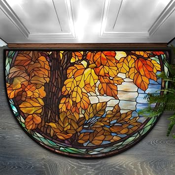 Boli Fengge Maple Leaf Half Round Door Mat Non Slip Washable Semi Circle Area Rug Absorbent Soft Half Moon Rug Floor Mat for Indoor Outdoor Kitchen Bathroom Patio Front Door Mat Decor