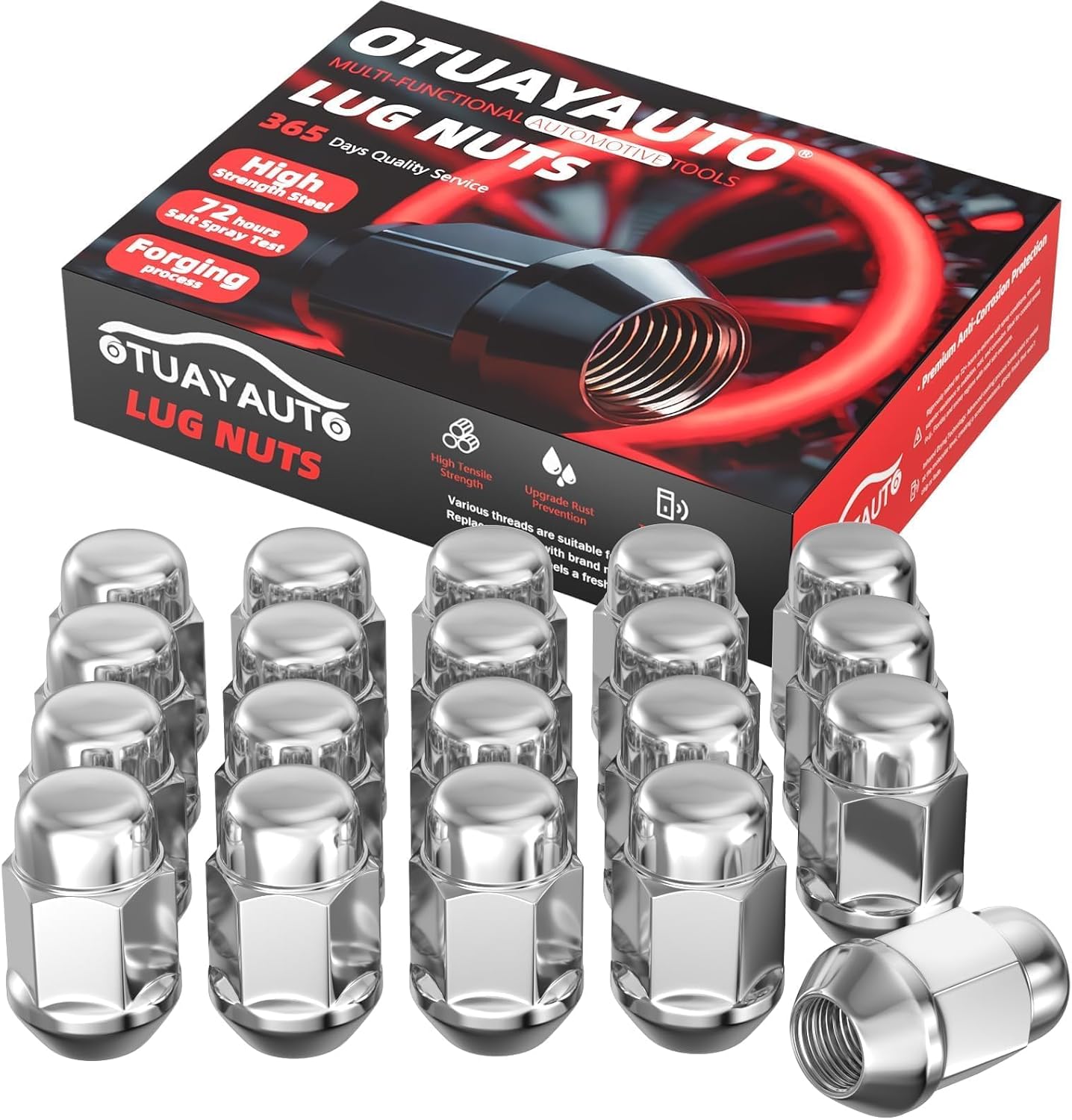 OTUAYAUTO M12x1.5 Lug Nuts - 20PCS Chrome 12mmx1.5 Closed End Bulge Acorn Lug Nut Set, 12x1.5 Wheel Lug Nuts, Cone Seat, 3/4" Hex, Replacement for Chevy Ford Honda Acura Aftermarket Wheels
