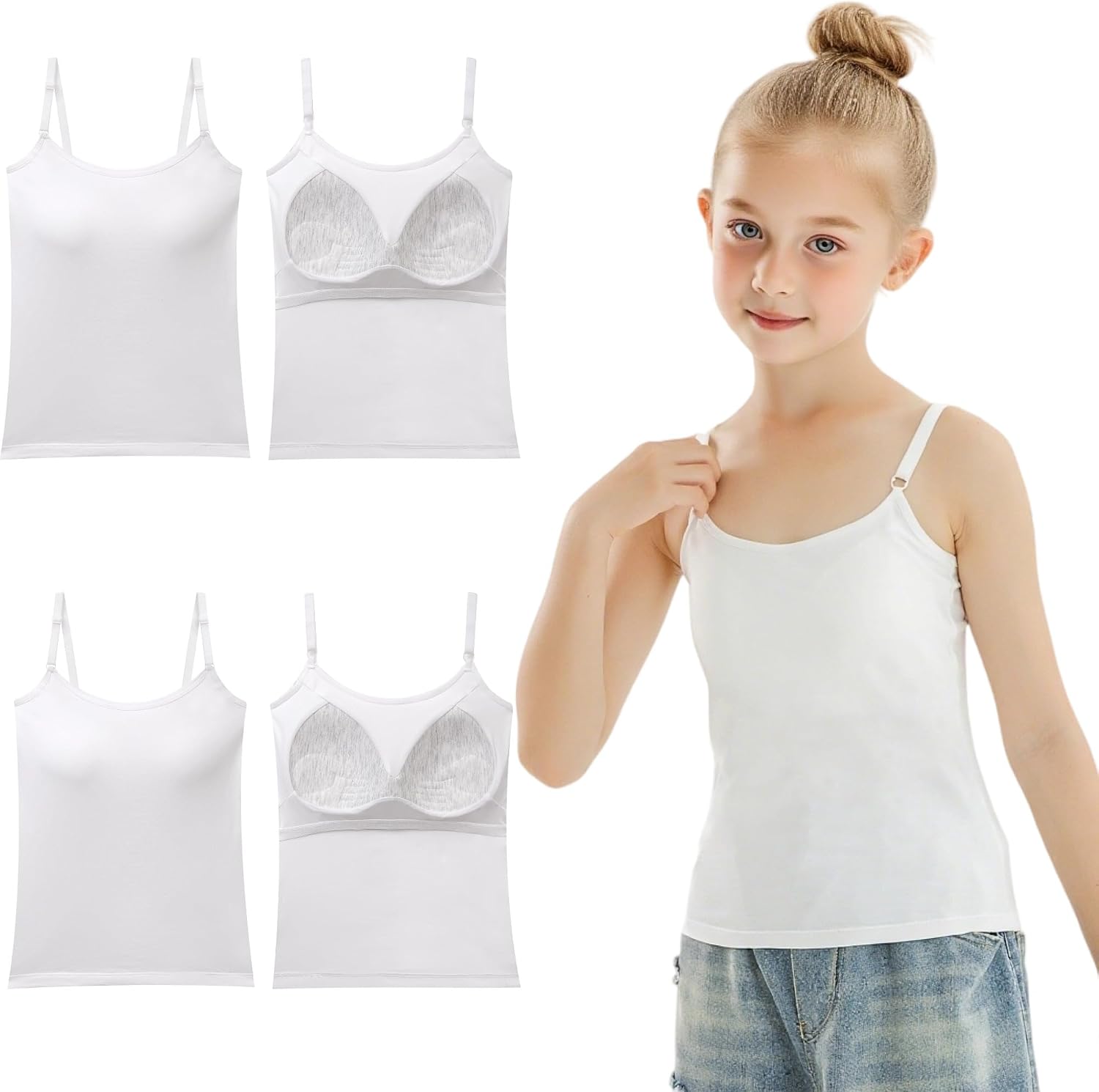 Training Bras and Camisole Tops for Girls, Built-in Bra, Adjustable Straps, 2-in-1 Sports and Daily Wear