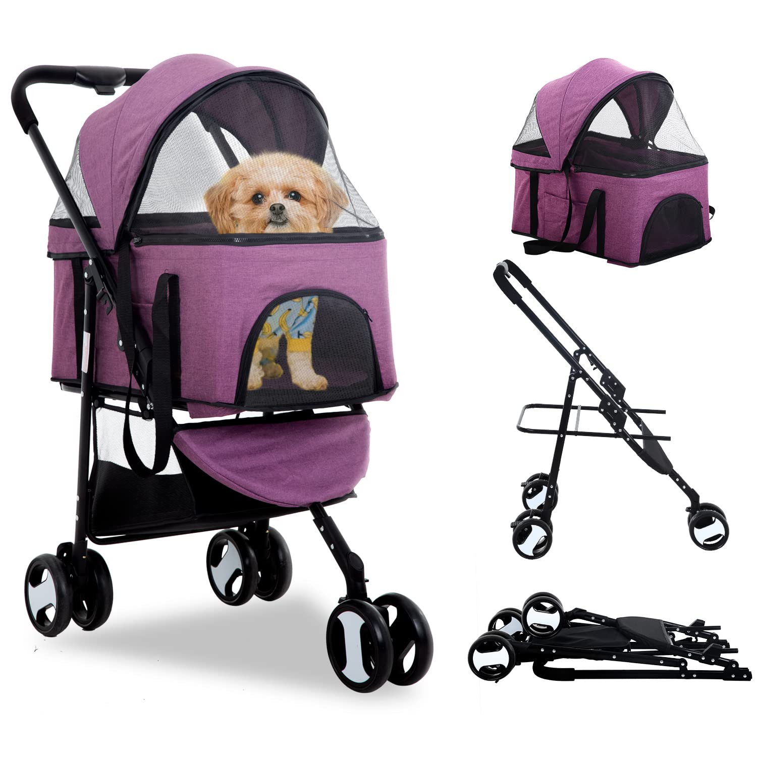 Dog Stroller Pet Cat Premium 3-in-1 Multifunction Jogger Stroller 3 Wheels for Medium Small Dogs Cats Detachable Carrier with Storage Basket Waterproof Lightweight Folding for Travel, Purple