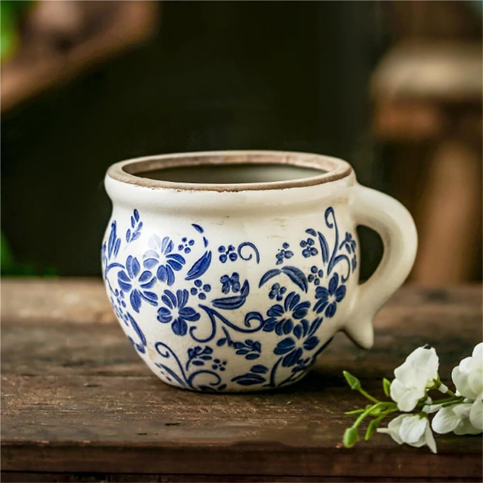 Pots de fleurs amusants en céramique bleu avec trou de drainage et poignée