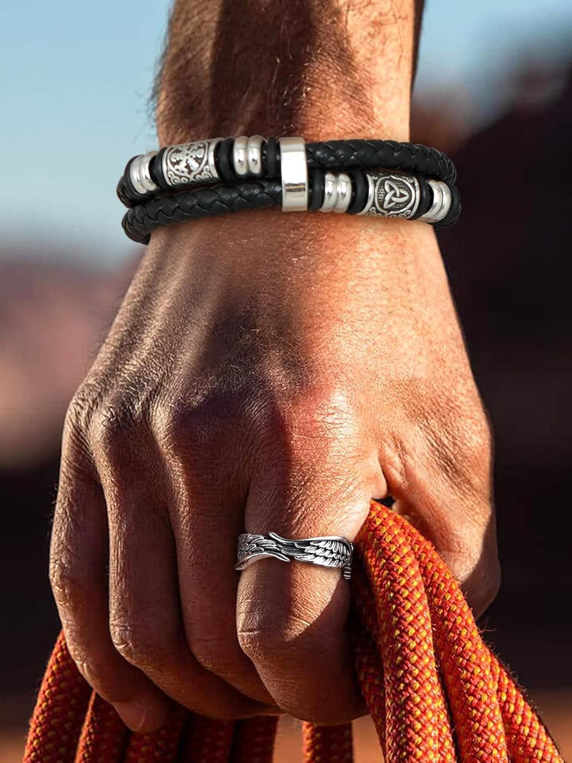 Bestyle Genuine Men Leather Bracelets Fashion Stainless Steel Celtic Beaded Wristband for Men, Size 7.5/8.3/9.1/9.8Inch Men Bracelet, Message Card Offered - Image 5