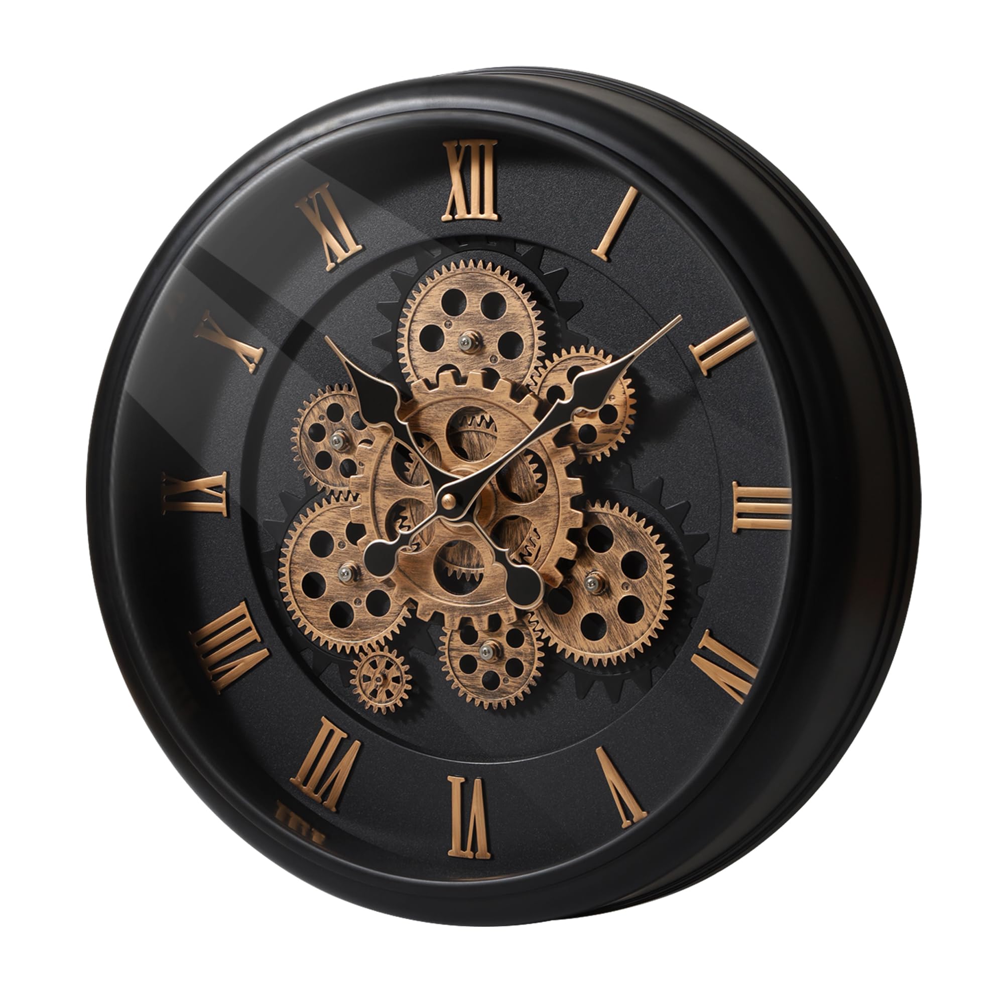 Maxstar Large Moving Gear Wall Clock,16" Vintage Mechanical Battery Operated Industrial Wall Clocks for Farmhouse Living Room,Home Office, Dinning Room, Kitchen, Steampunk Decor-Black,Roman Numeral