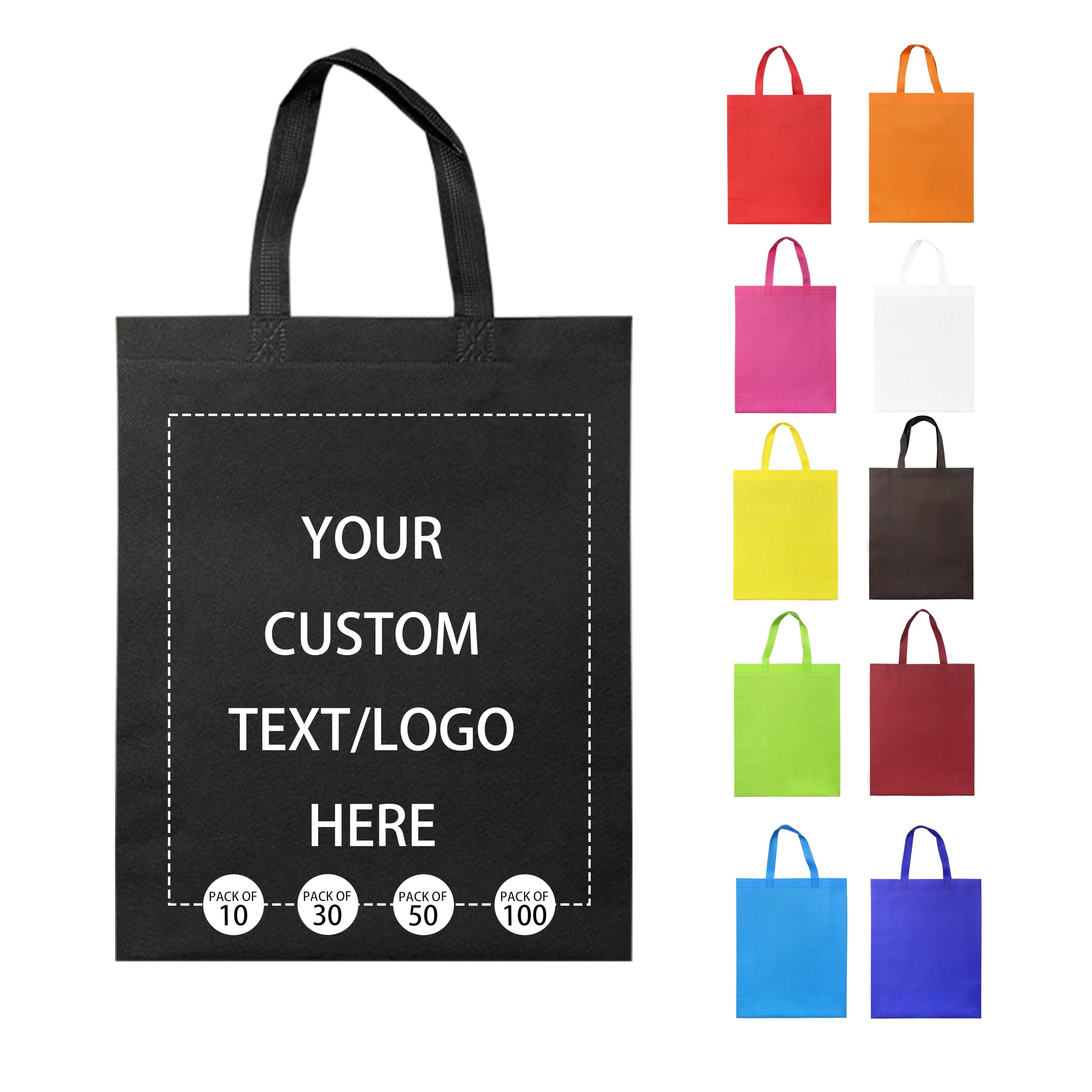 Custom Tote Bags 10/30/50/100 Pack - Personalized Reusable Grocery Bags - Promotional Items With Your Logo