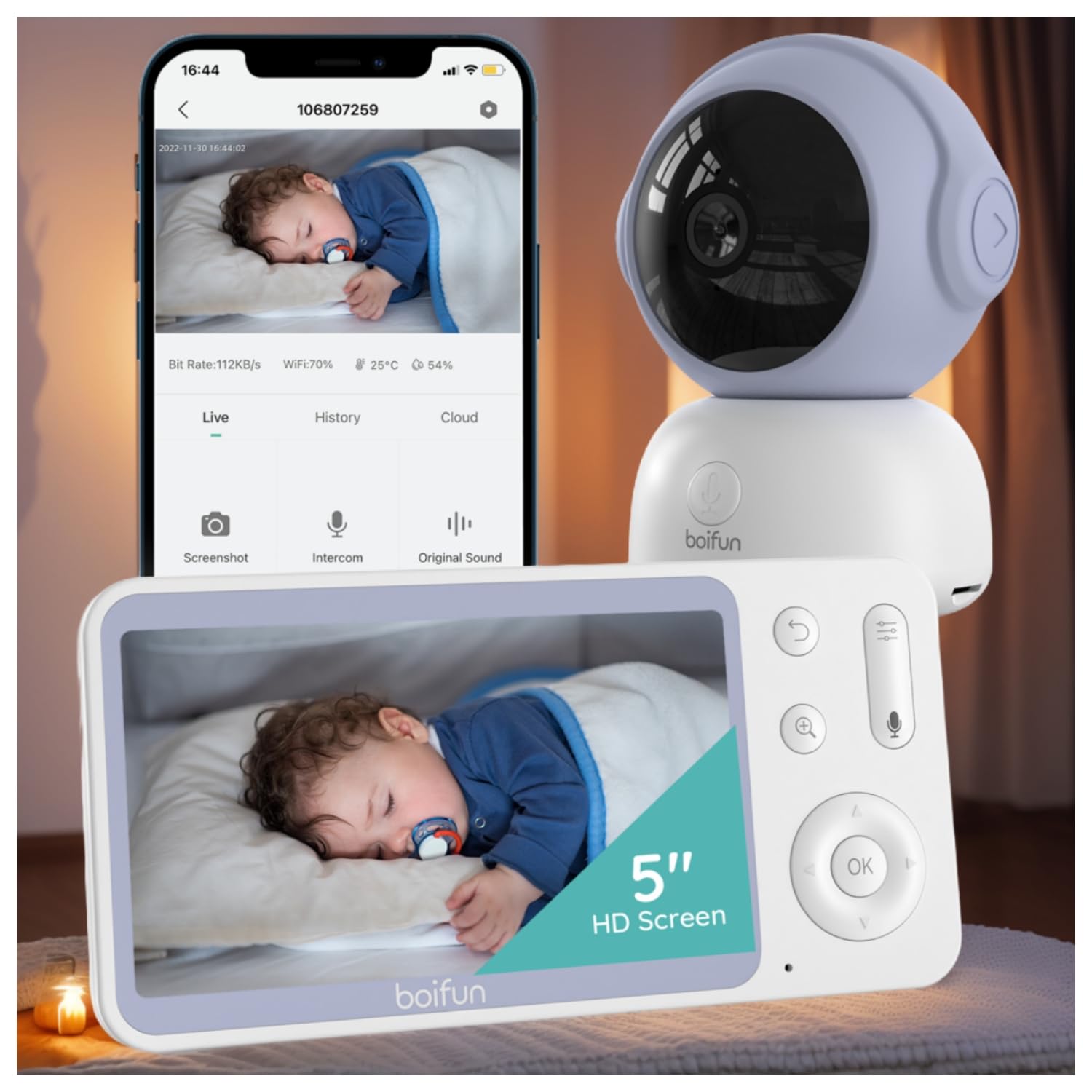 BOIFUN 2K Video Baby Monitor with Camera & WiFi, 360° Auto Tracking, 5