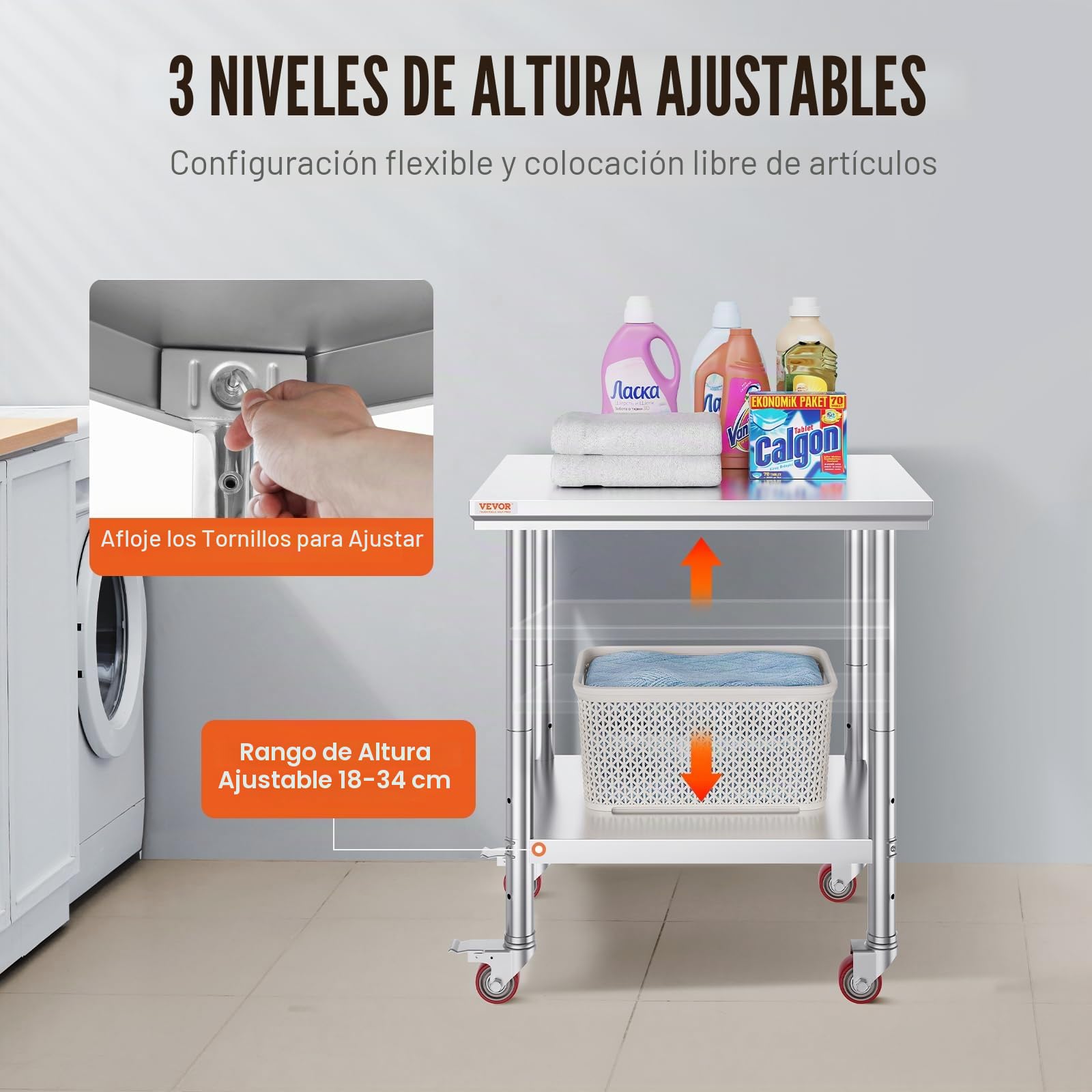 VEVOR Mesa de trabajo de catering de acero inoxidable de 30 x 24 pulgadas, mesa de trabajo comercial con 4 ruedas, banco de trabajo comercial de preparación de alimentos con estante de ajuste flexible