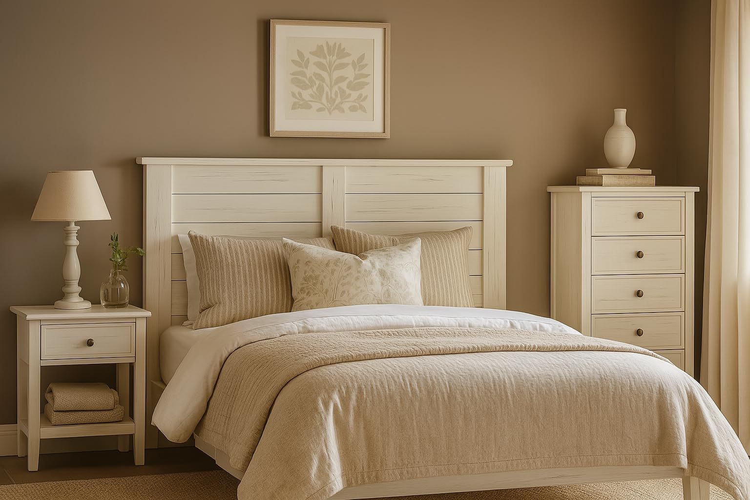 Cabecero Campero-Vintage para Cama de 150, Fabricado en Madera Maciza de Pino alistonada Acabado en Blanco Envejecido Totalmente Acabado