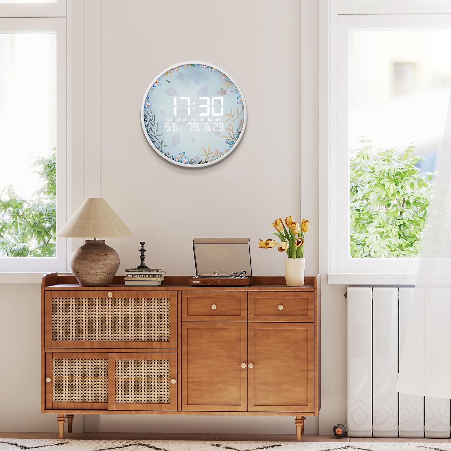 Smart Lighted Digital Wall Clock with Temperature Time Calendar Large Display Clocks 12/24H Modern LED Clock for Living Room Bedroom Office Kitchen Home Decor 12 Inch Plug-in Powered