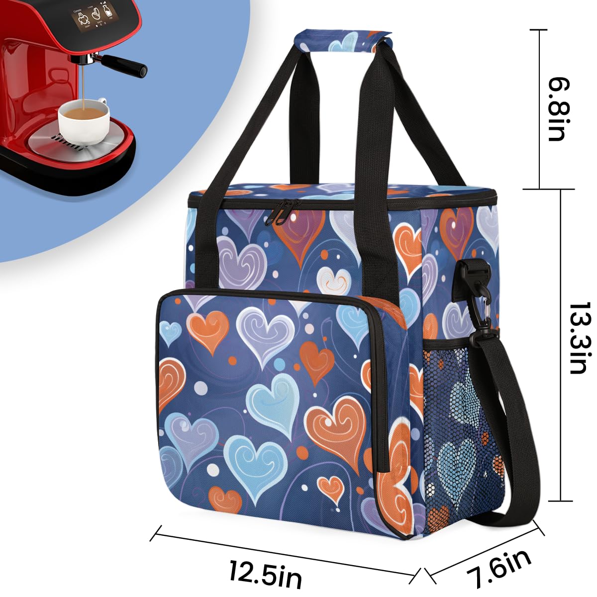 Abstract Heart Coffee Maker Carrying Bag, Portable Travel Storage Tote Bag Compatible with K-Mini or K-Mini Plus, Single Serve Coffee Brewer Carrying Case with Multiple Pockets & Shoulder Strap
