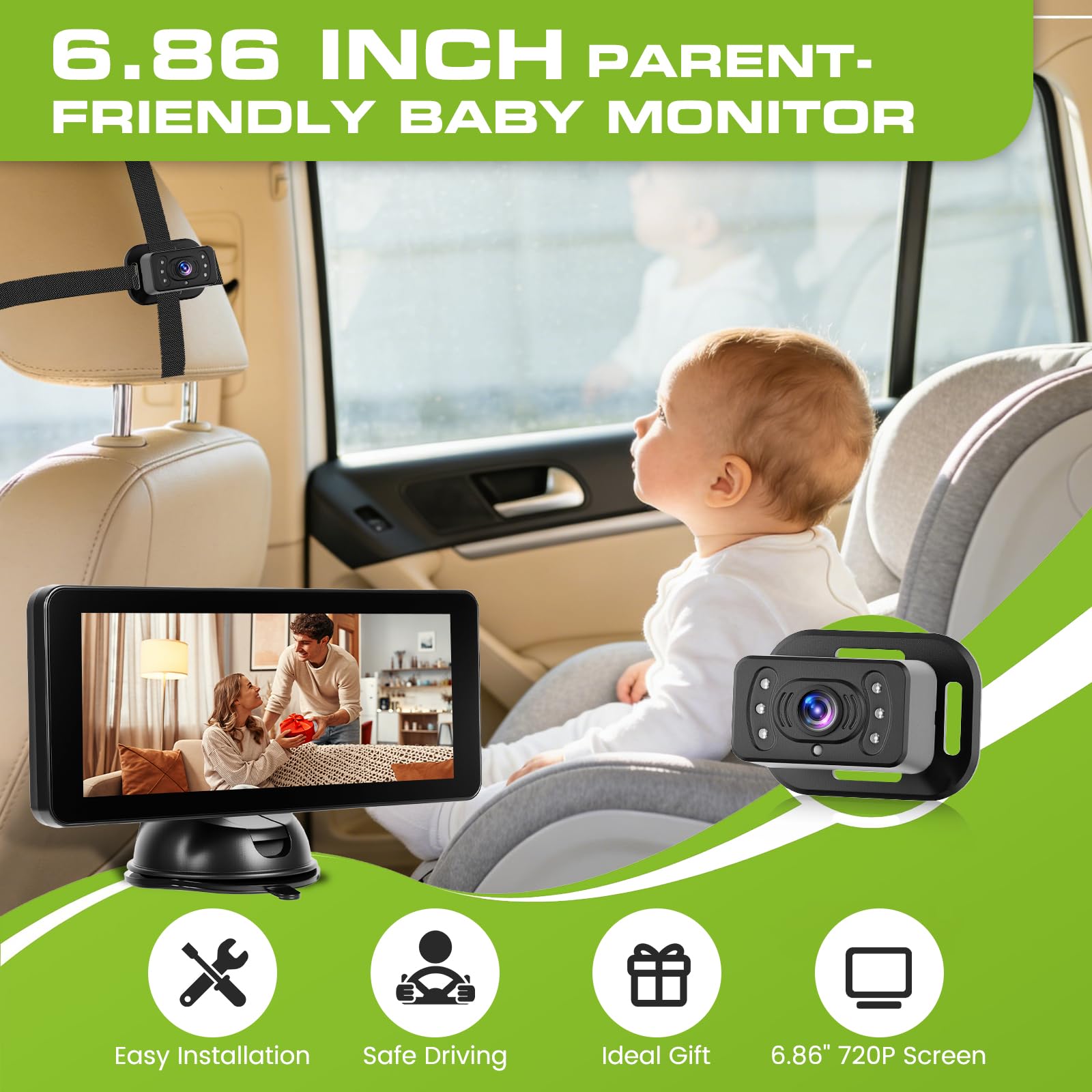 720P Baby Autokamera für 2 Kinder 6,86 Zoll Ultrawide IPS Display IR Nachtsicht 360°Drehbar Split-Screen Einfache Installation Baby Kamera Auto für Limousinen, Kleintransportern, Lieferwagen und SUV