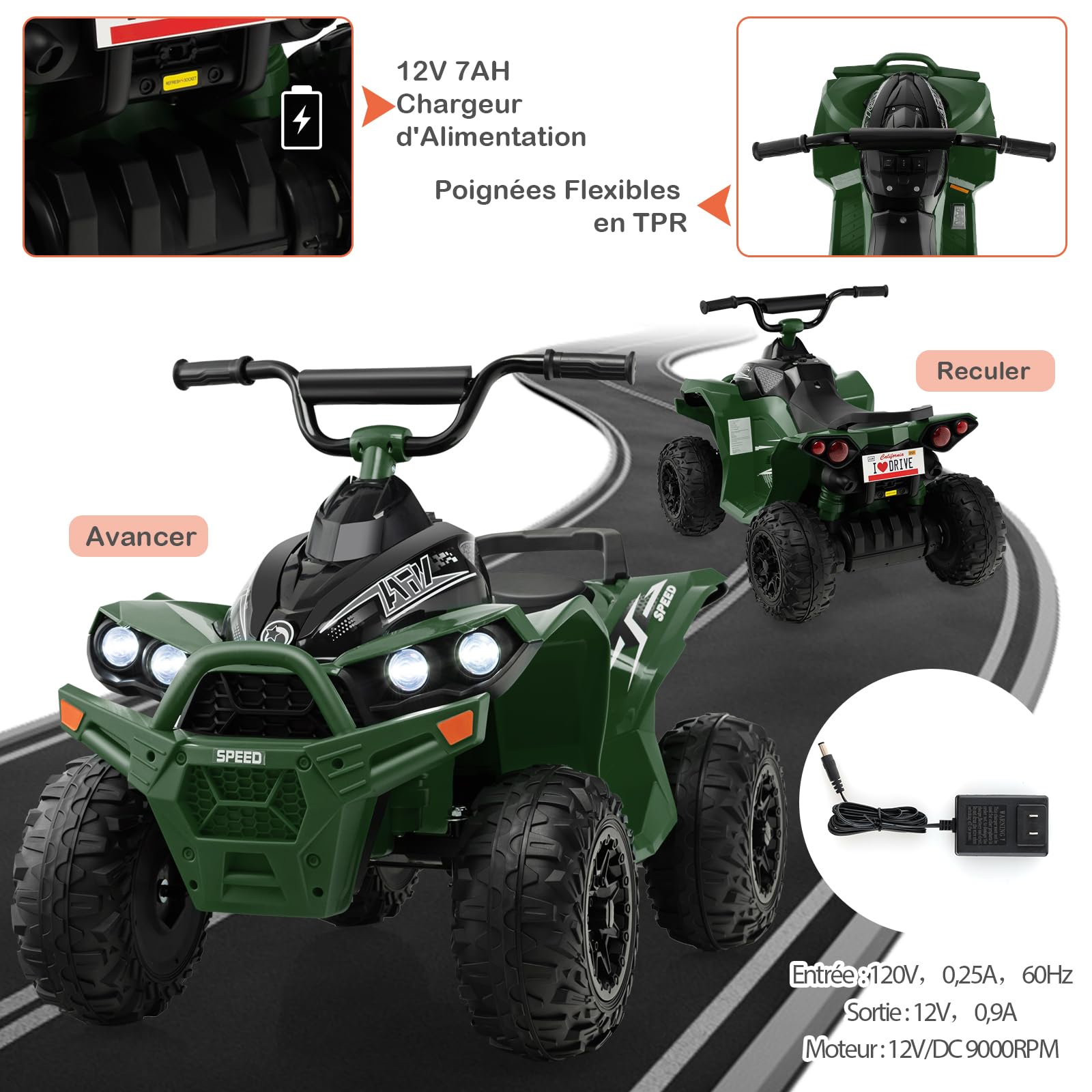 DREAMADE Quad Buggy Électrique Enfants 12V,Voiture Electrique Enfants 3-8Ans avec 2 Vitesses 2,2-4,3 km/h&Pédale&Phares LED&Klaxon&Musique,Véhicule Jouet Garçons Filles (Vert Militaire)