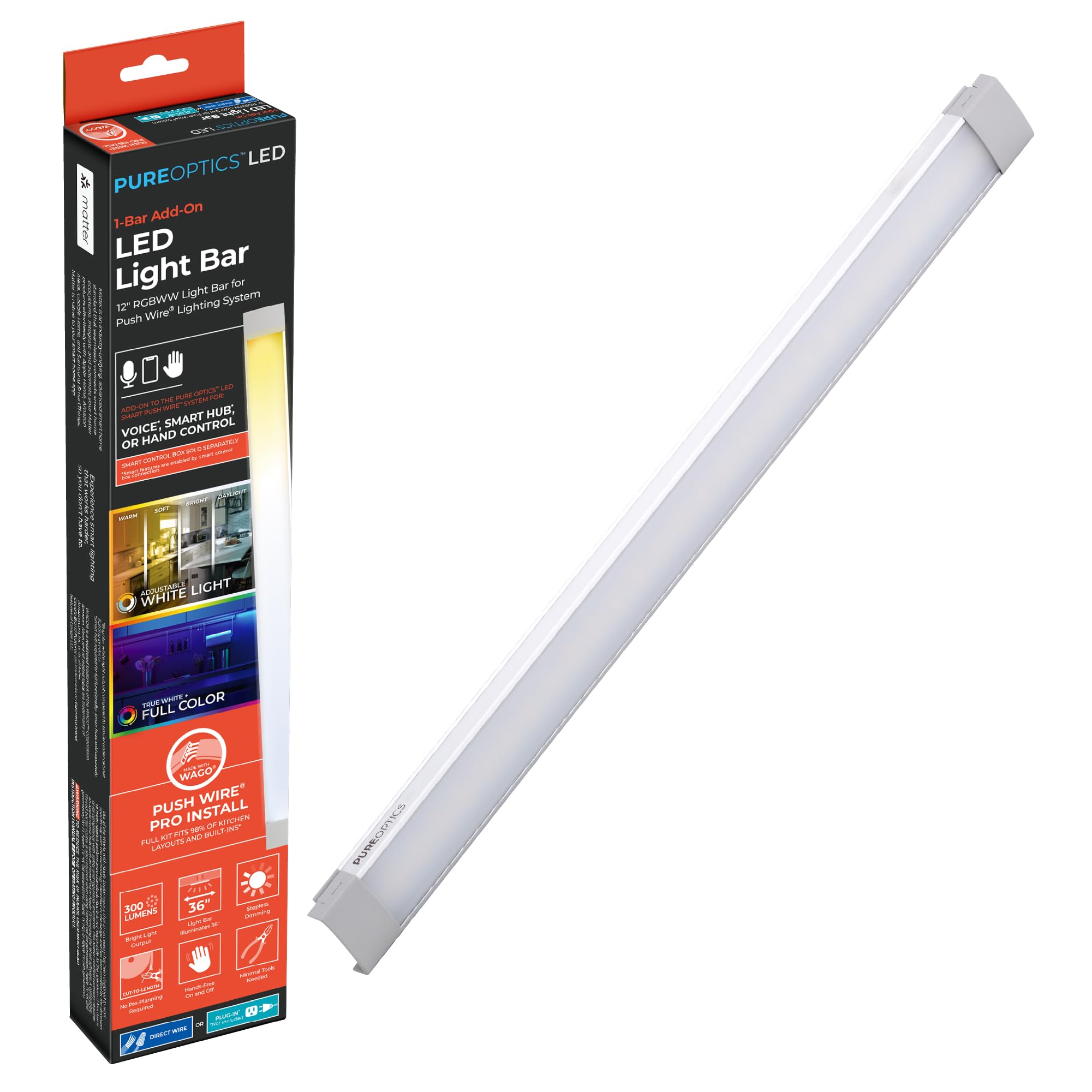 PureOptics LED Professional Push Wire Under Cabinet Light Bar, Add