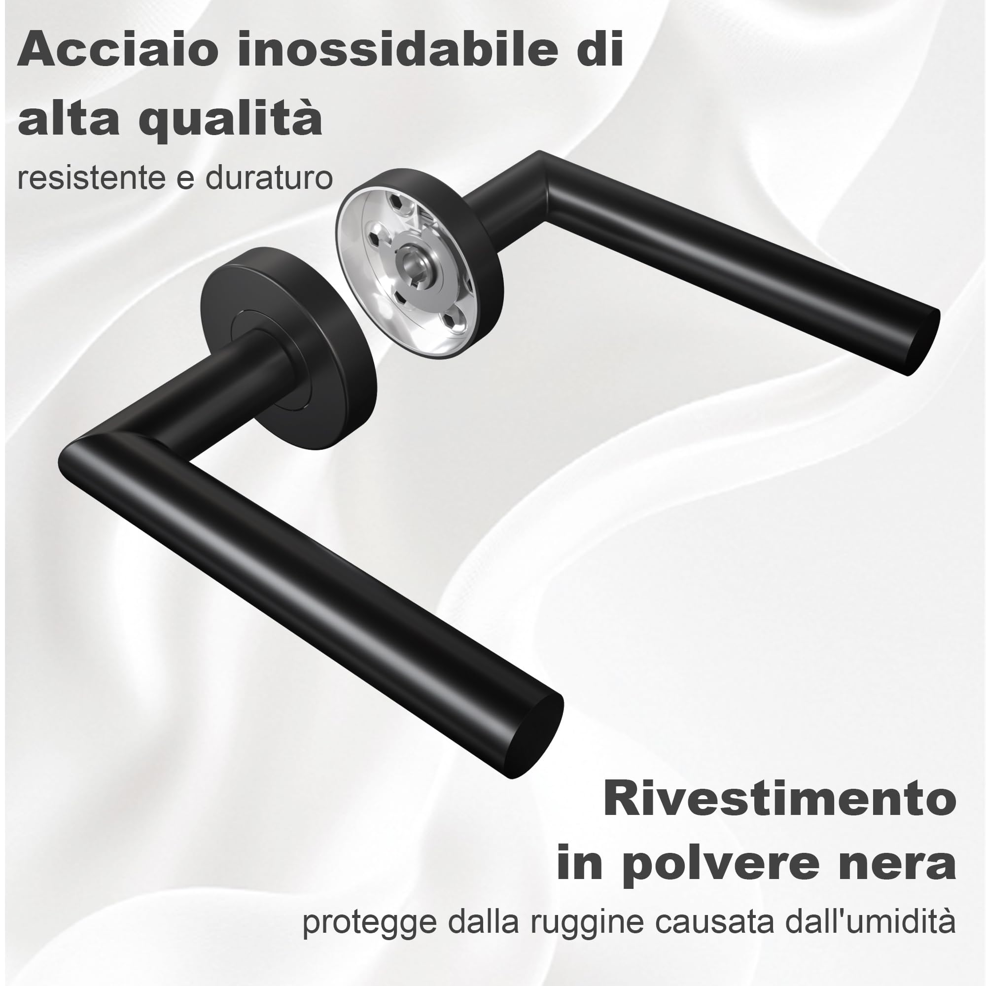 Maniglie per Porta Interne 4 Pezzi, Maniglia per Porta in Acciaio Inox con Rosetta Arrotondata Ø 52 mm, Nero Opaco, Forma di L, BB-Chiave a Profilo Tondo