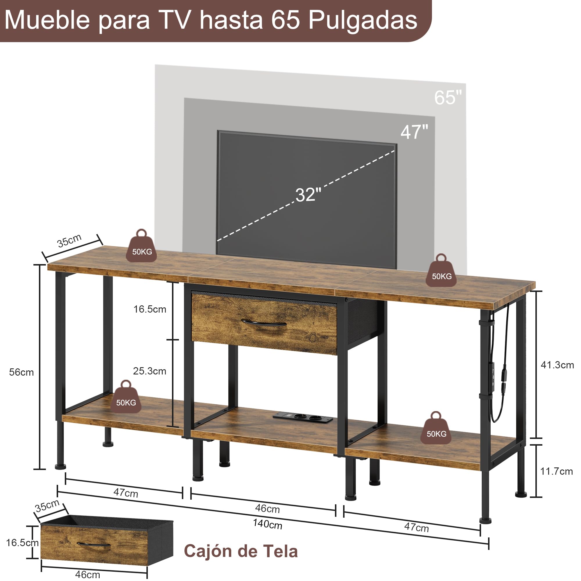 Mueble de TV con Enchufe, Mesa Television con Iluminación LED, Cajón de Tela y Estantes, Mueble Bajo Salon de 140 cm para TV de hasta 65″, para Sala de Estar y Dormitorio, Marrón Rústico