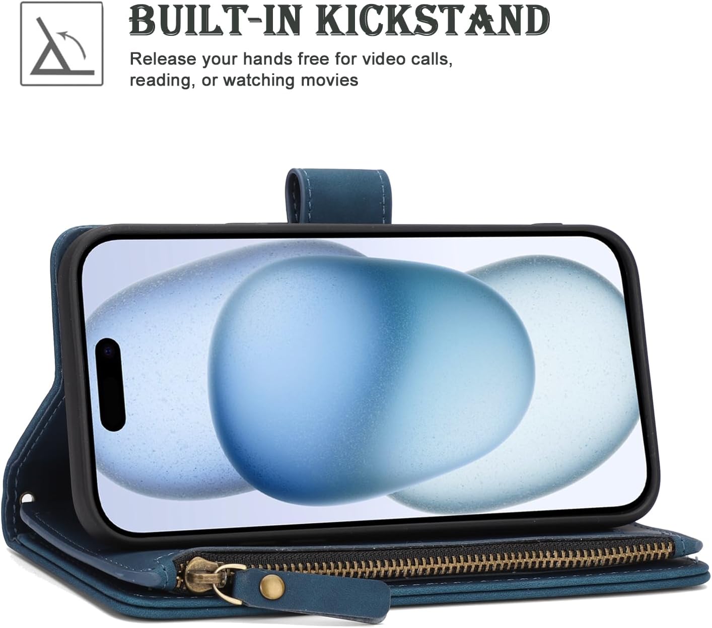 RANYOK Wallet Case for iPhone 15 (6.1 inch) with RFID Blocking Credit Card Holder, Premium PU Leather [Zipper Pocket] Flip Folio Case Wallet with Wrist Strap Kickstand Protective Case (Blue) - Image 3