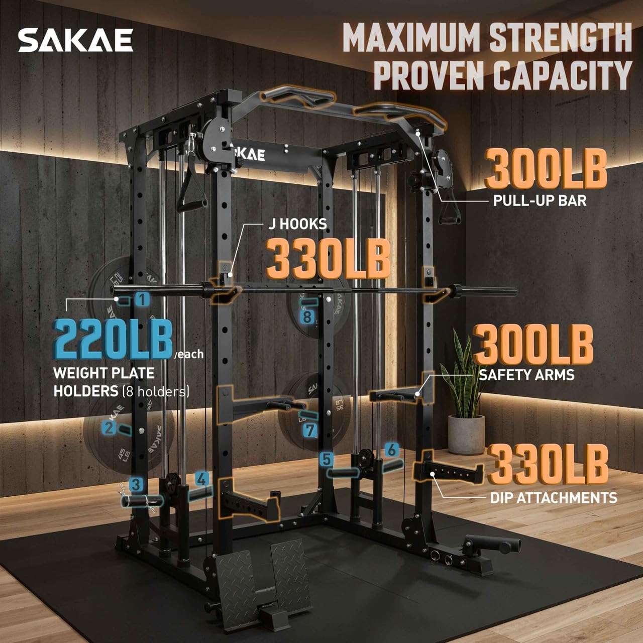 SAKAE Squat Rack with Cable Crossover System, Power Rack with LAT Pull Down, Pull-Up Bar, Dip Bars, Weight Bench, 260 LB Bumper Plates, 7 FT Olympic Bar & Training Attachments, Multiple Options