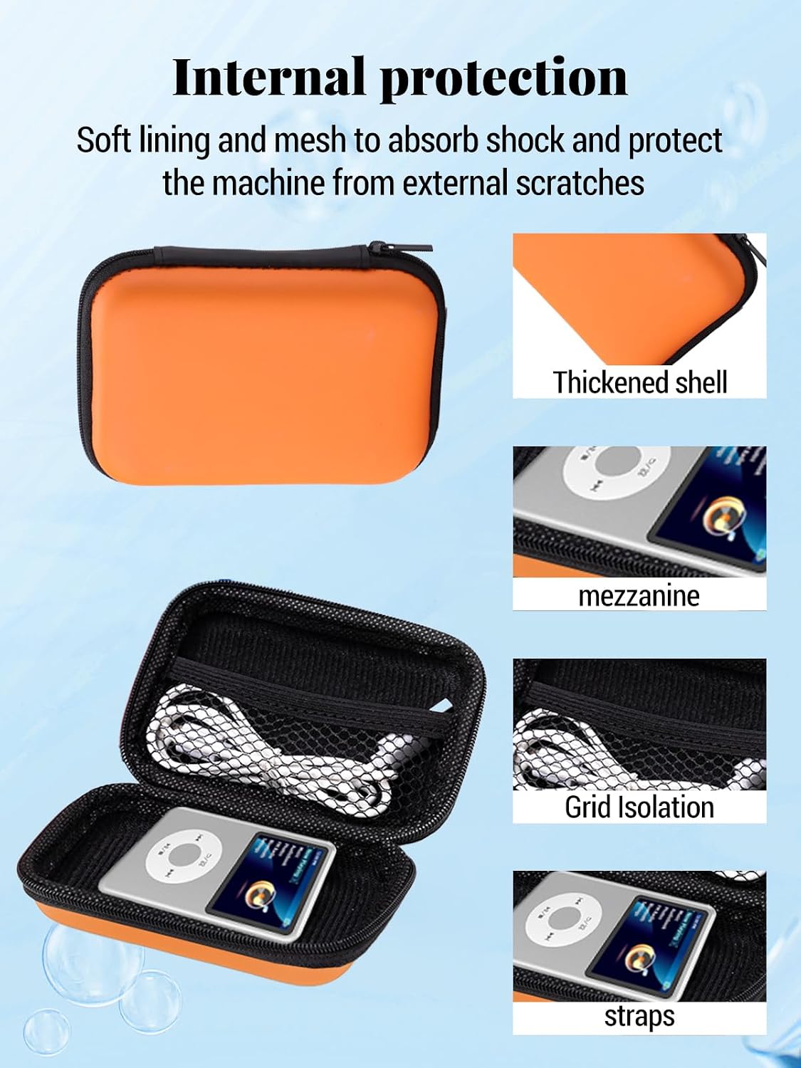 for Innioasis Y1 Mp3 Player Protective case, Shockproof and Waterproof, with mesh Pocket, Portable Multi-Functional Storage Bag, Orange