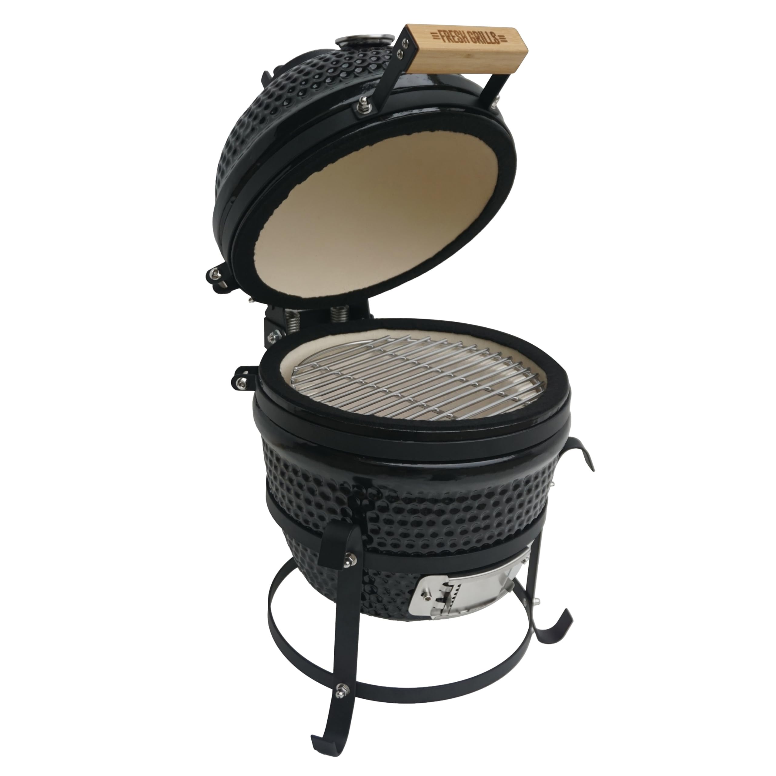 Parrilla Kamado Cerámica 33 cm (13”) Negra con Termómetro – Barbacoa de Carbón Compacta con Control de Temperatura, Acero Inoxidable, Incluye Funda y Utensilios
