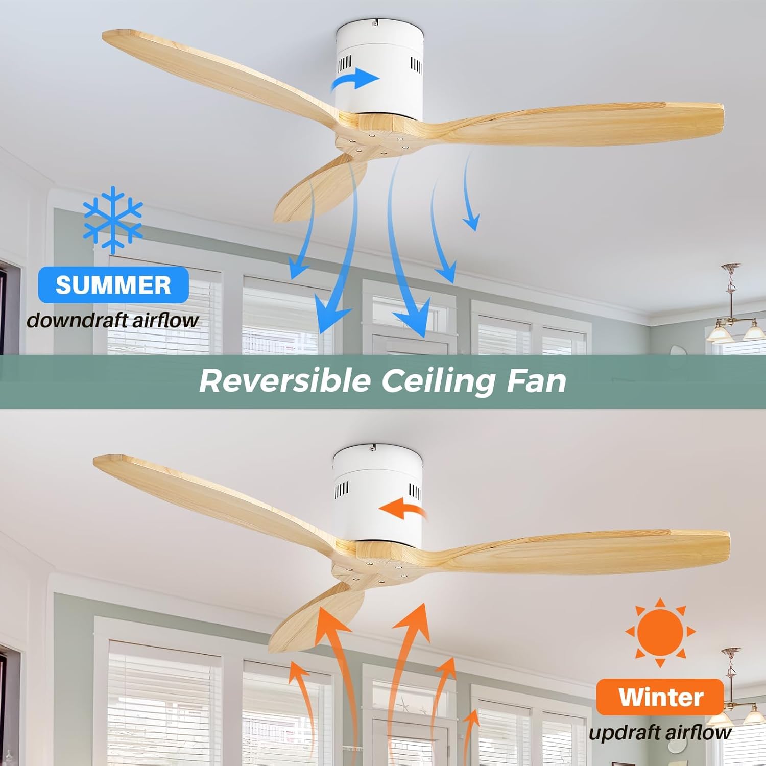 Sofucor 52 Inch Smart Ceiling Fan Without Light Flush Mount Solid Wood Ceiling Fan with Alexa/Google/APP/Remote Control-Modern Outdoor Ceiling Fans No Light for Bedroom/Patio/Indoor,Natural Wood&White
