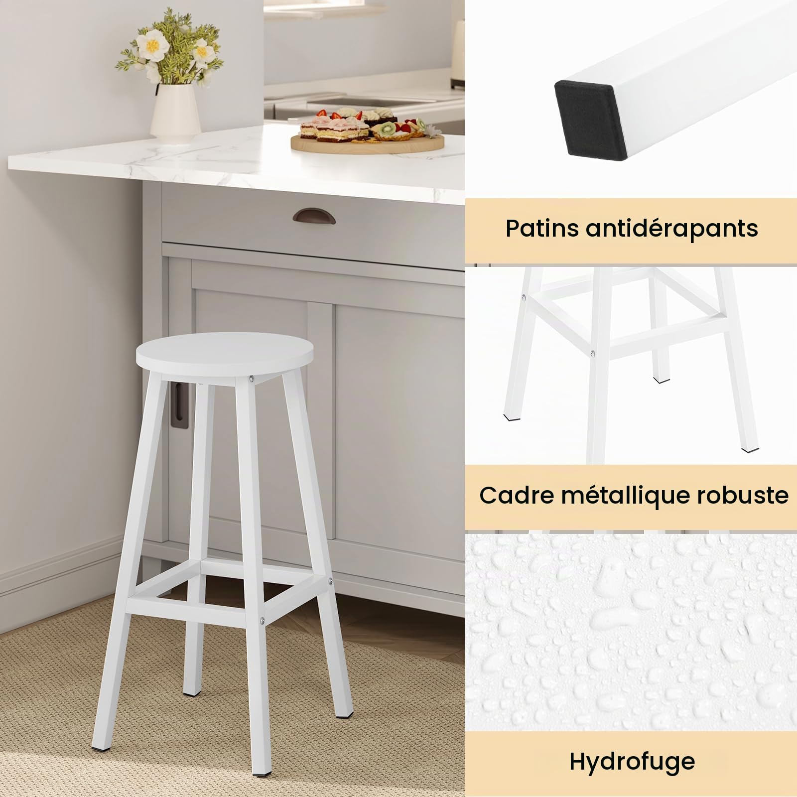 Tabouret de Bar Lot de 2, Haut 64.5cm, Blanc | Tabouret Fixe Haut, Chaise Haute Cuisine, Siège Rond en Bois d'Ingénierie, Structure Métallique, Repose-pieds