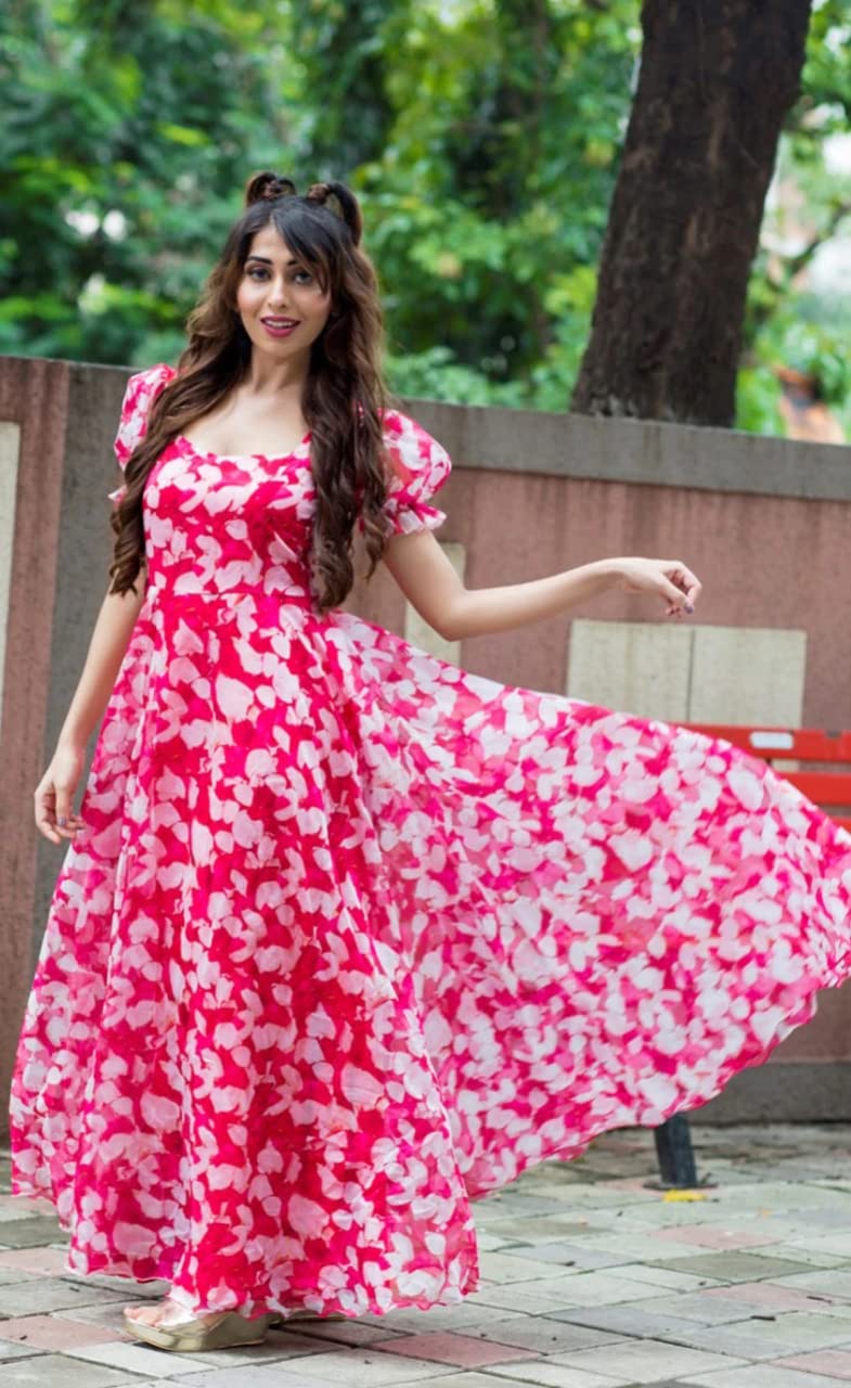 Sugathari Georgette Women Flare Calf Length Gown Dress For Women (Gown Dress2 39 Pink L)