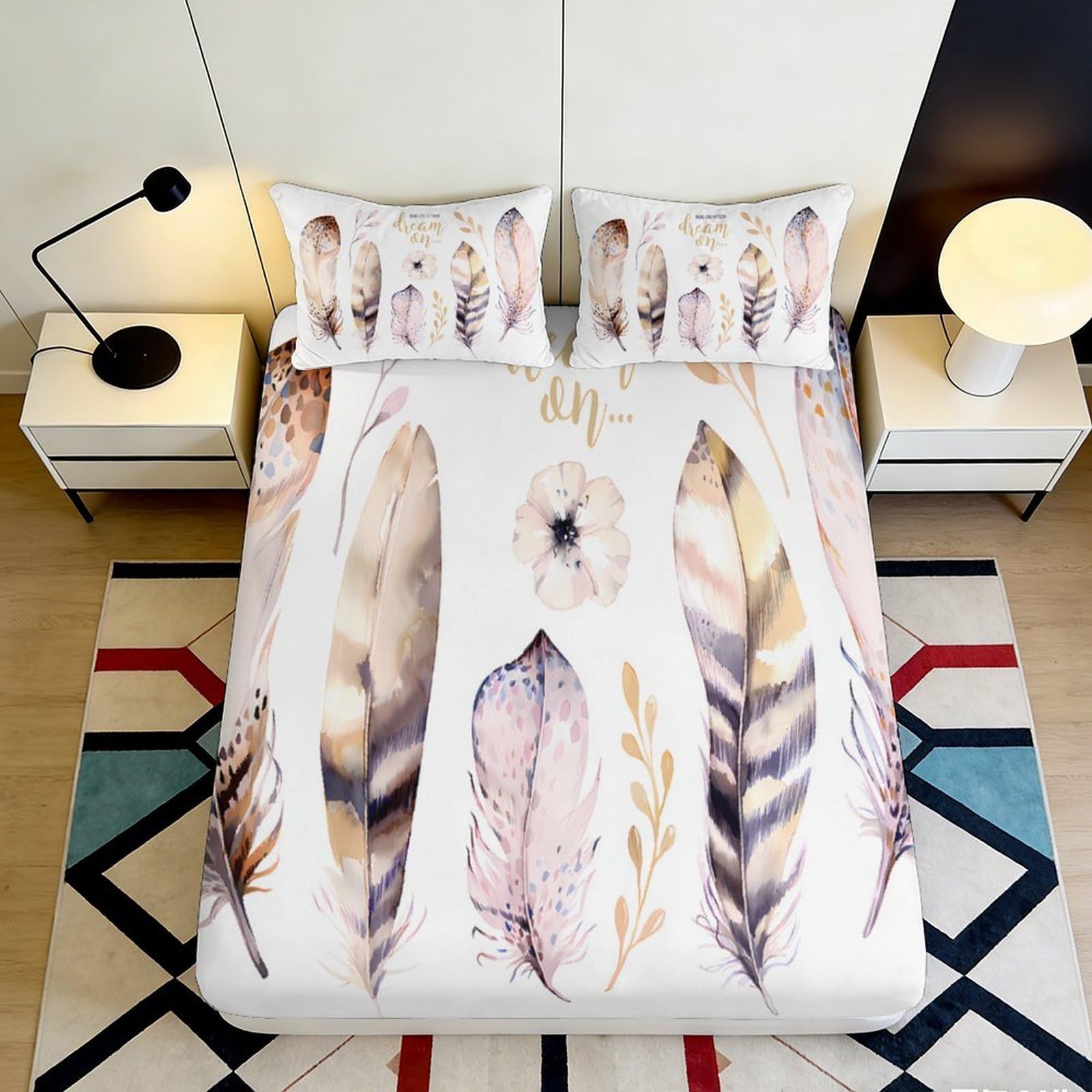 Jqzkxnhpbr Style-7 3D Printed Boho Feather Fitted Sheet Microfiber Soft Neutral Tones Mattress Cover Bedroom Decor Dustproof 90X200x25cm