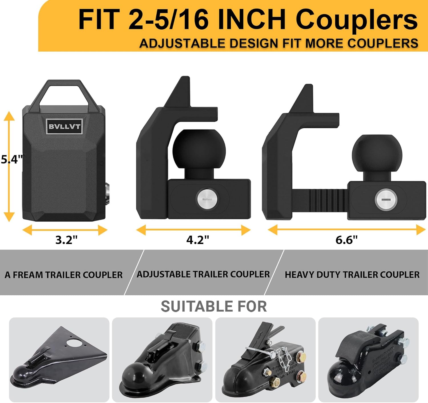 Heavy Duty Trailer Hitch Lock for 2 5/16" Ball Coupler - Adjustable Locking Mechanism Design - Anti-Theft Solid Steel Coupler Lock for RV, Boat, Camper Trailer