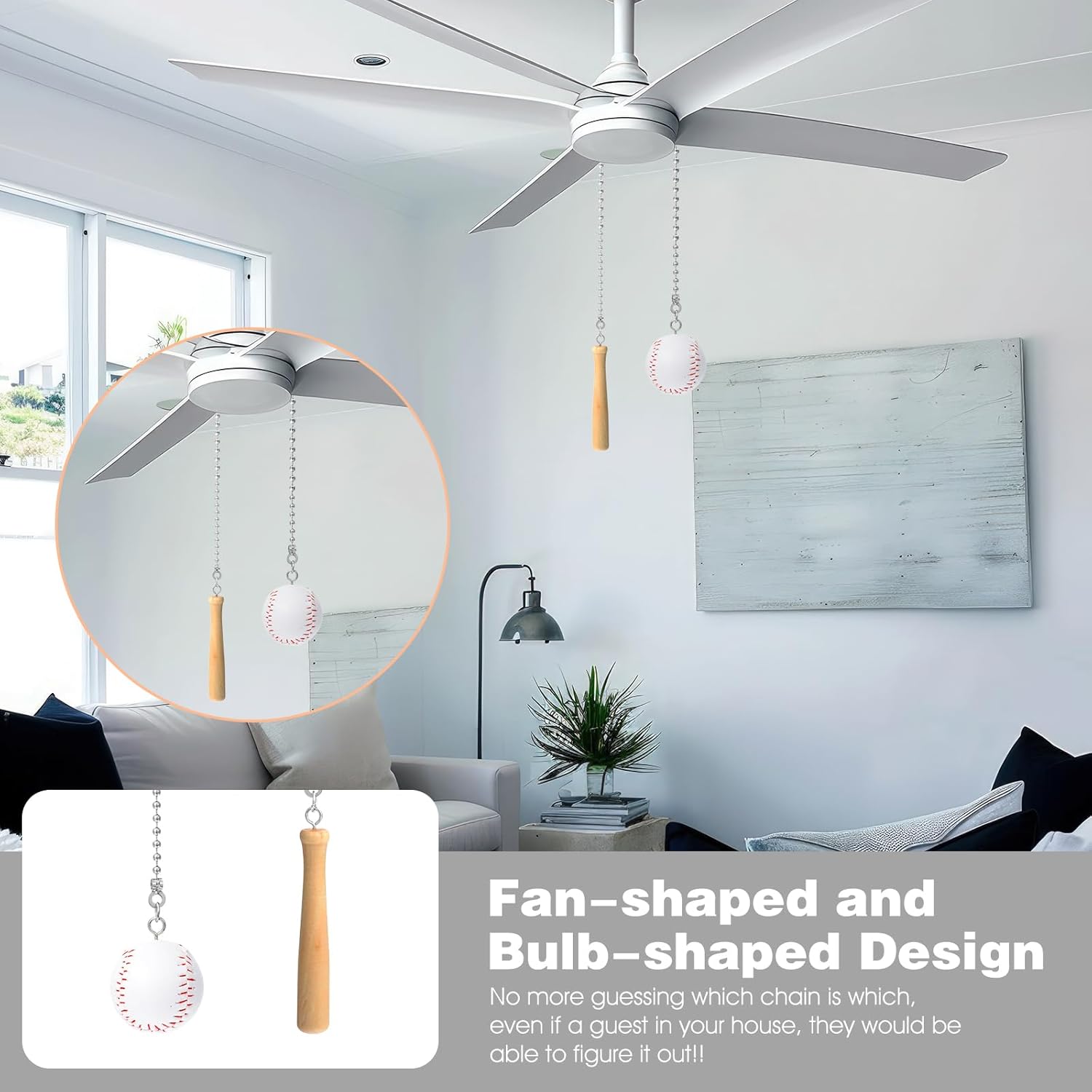2 Pcs Pull Chain Extension, Ceiling Fan Pull Chain with Baseball and Baseball Bats, 12 Inch Fixture Fan Pulls Chains Extension Decorative Ornaments for Fans Pulls and Light