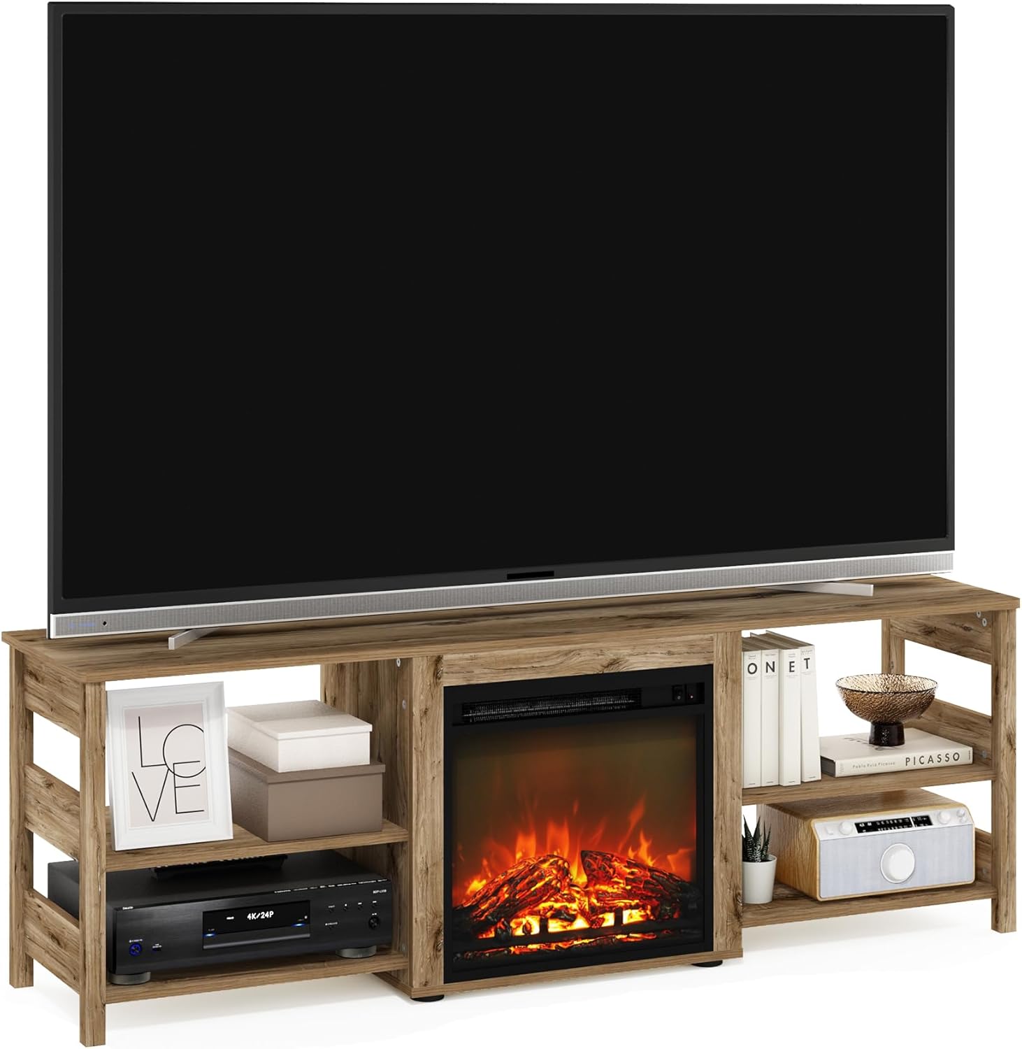 Furinno Classic TV Stand, Entertainment Center, TV Console for TV up to 70 Inch with Fireplace and Open Shelf, for Living Room, Bedroom, Brown Oak